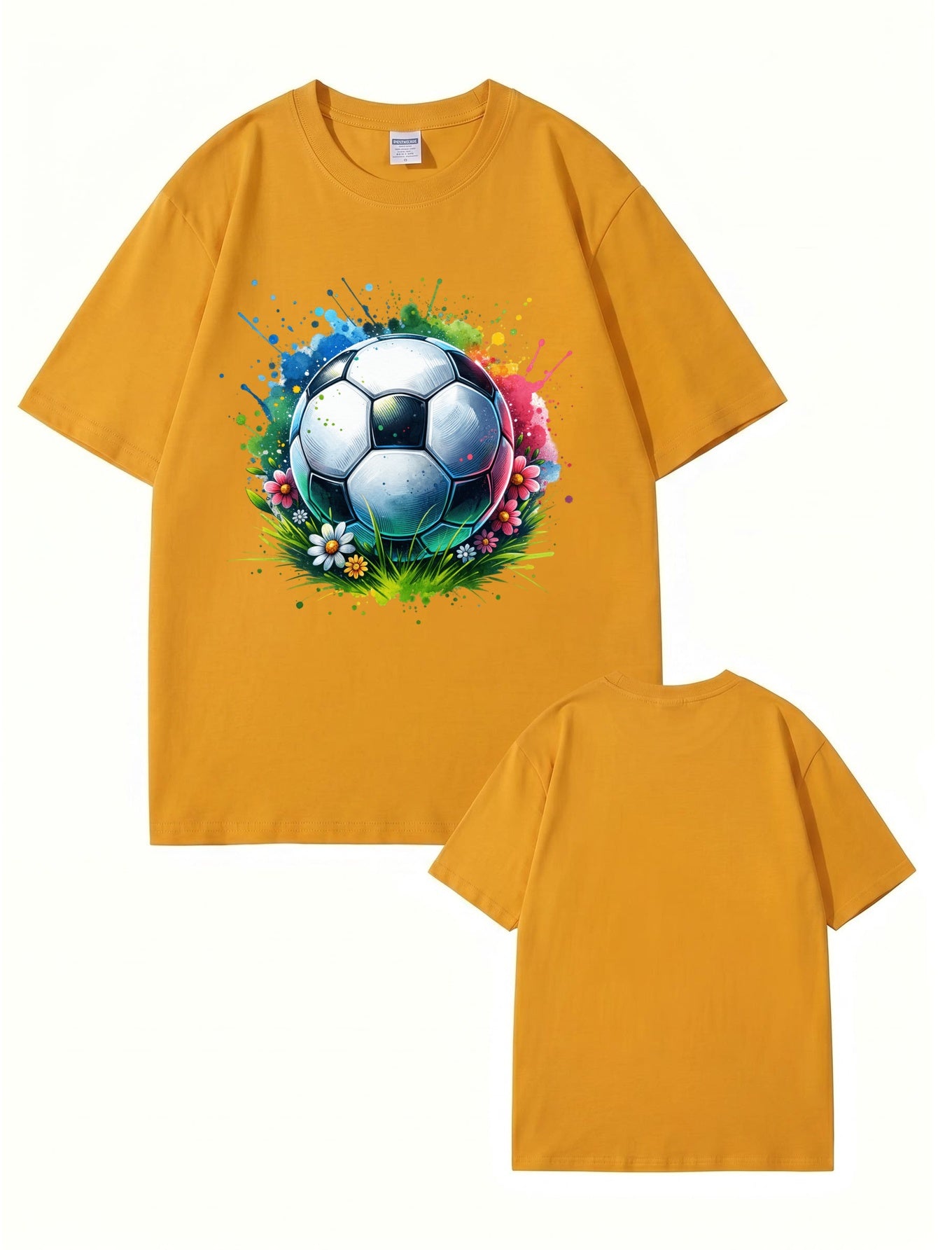 Colorful Watercolor Soccer Ball Floral Graphic Cotton T-Shirt