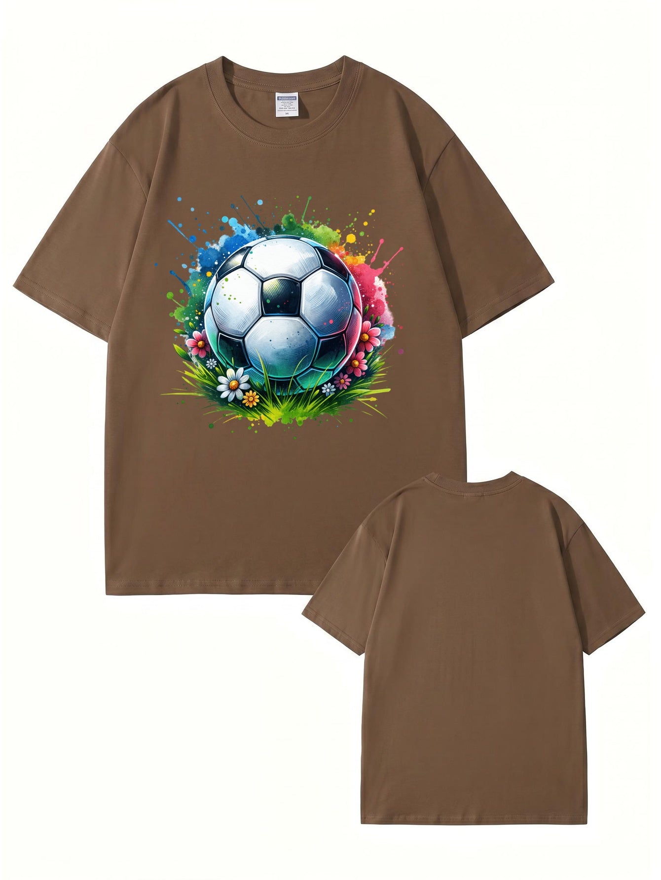 Colorful Watercolor Soccer Ball Floral Graphic Cotton T-Shirt