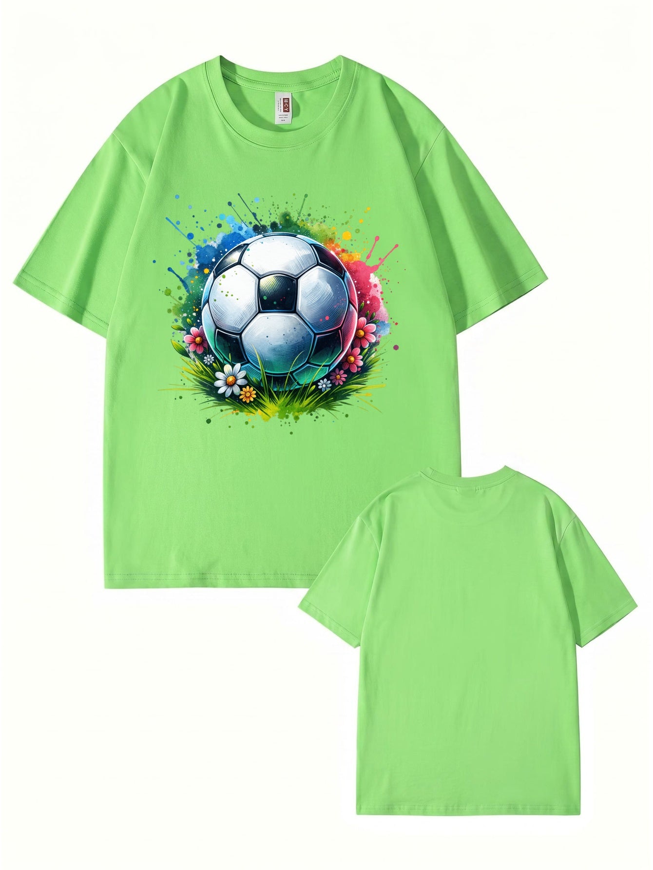 Colorful Watercolor Soccer Ball Floral Graphic Cotton T-Shirt