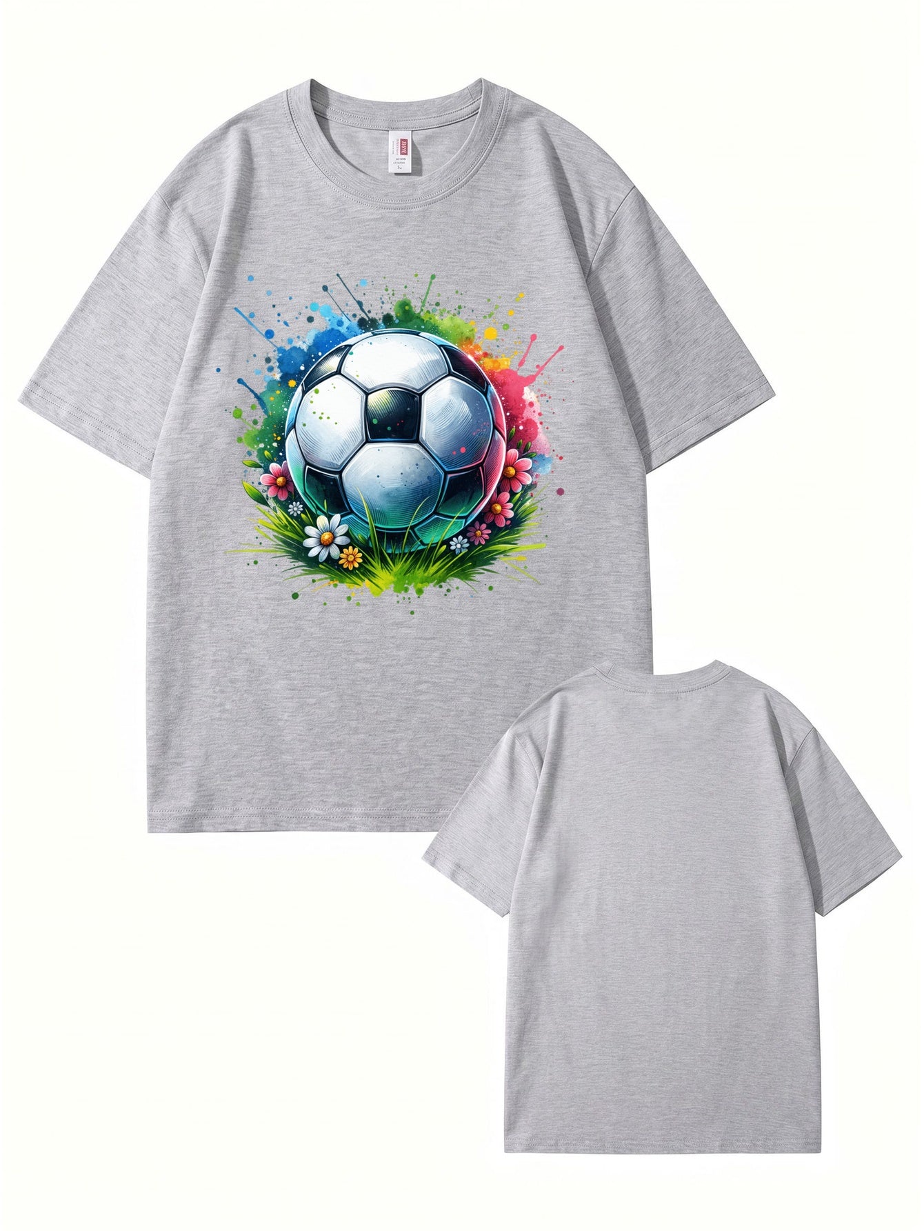 Colorful Watercolor Soccer Ball Floral Graphic Cotton T-Shirt