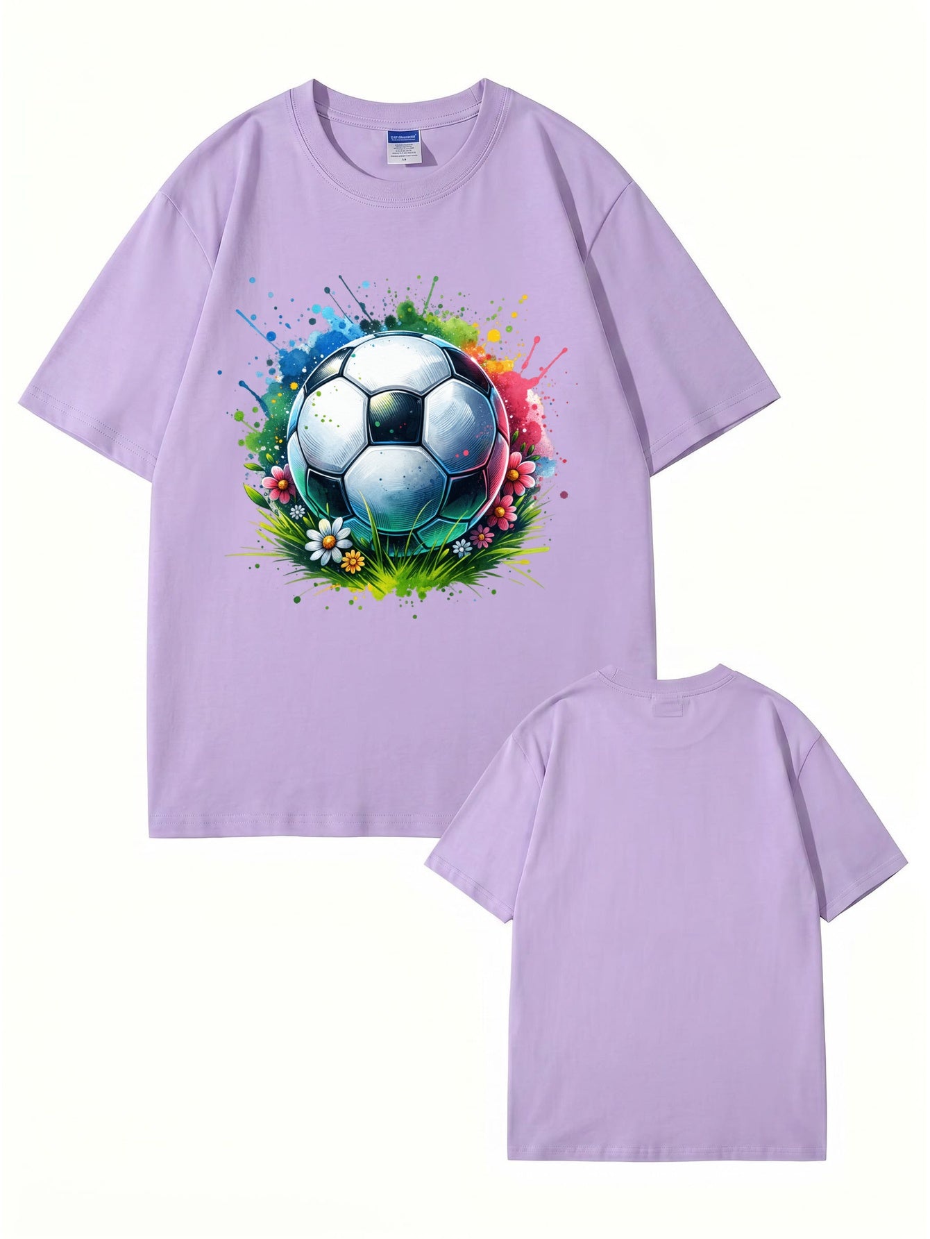 Colorful Watercolor Soccer Ball Floral Graphic Cotton T-Shirt