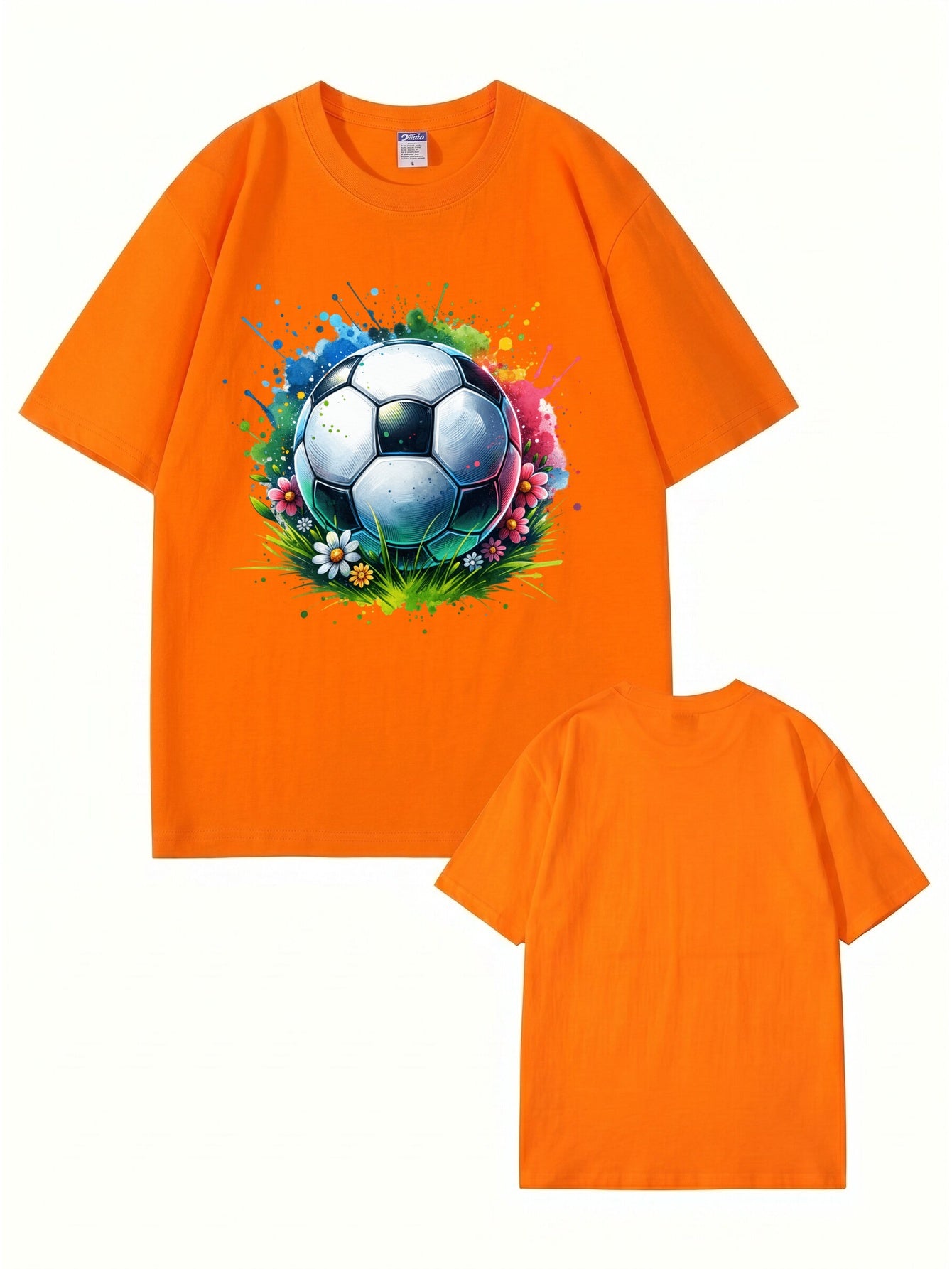 Colorful Watercolor Soccer Ball Floral Graphic Cotton T-Shirt