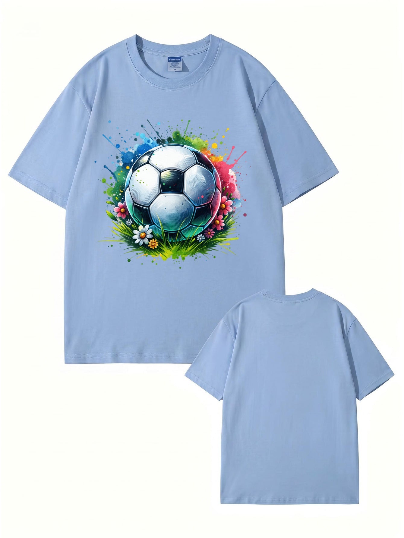 Colorful Watercolor Soccer Ball Floral Graphic Cotton T-Shirt