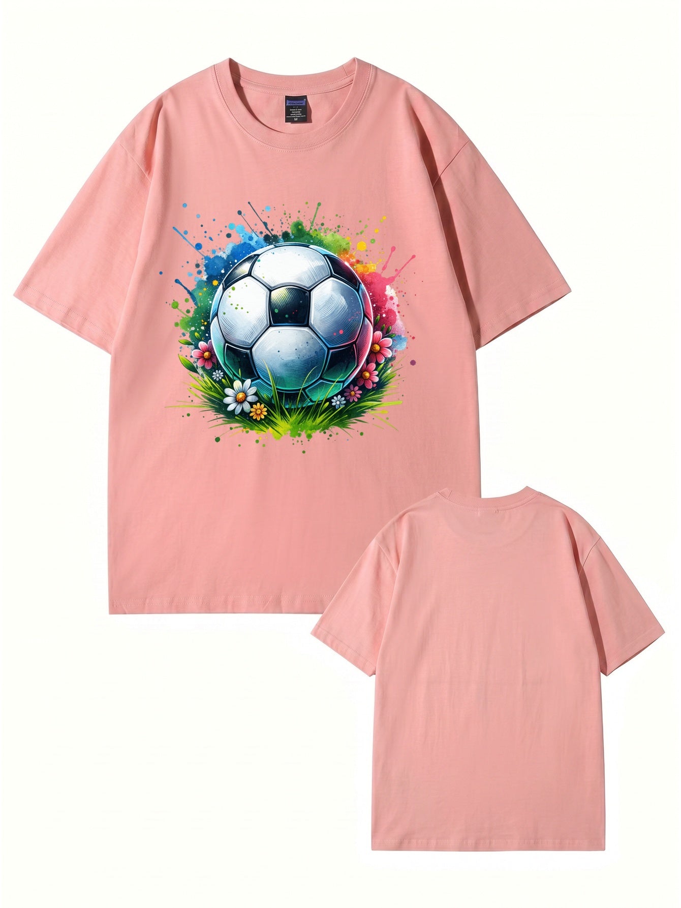 Colorful Watercolor Soccer Ball Floral Graphic Cotton T-Shirt