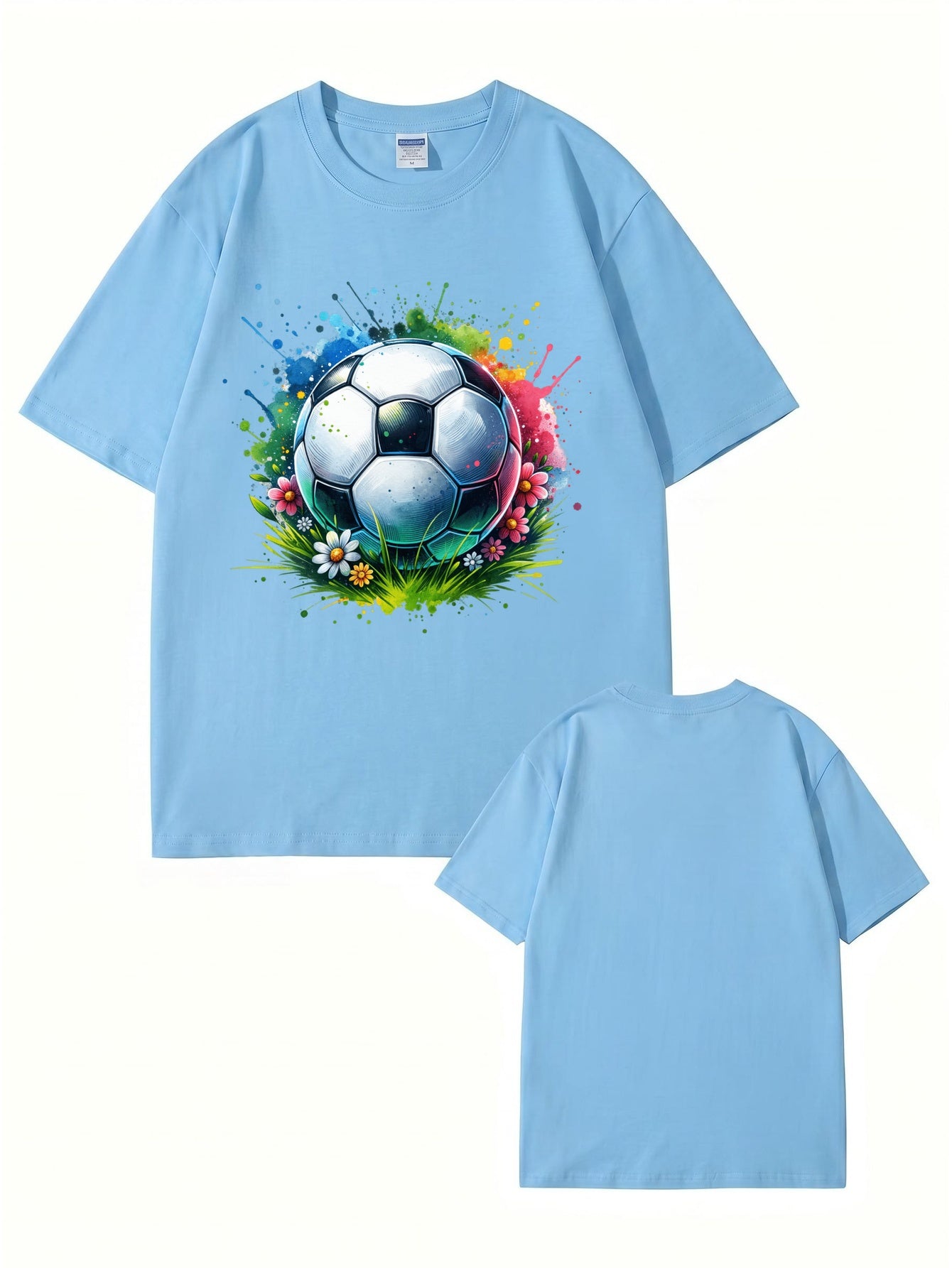 Colorful Watercolor Soccer Ball Floral Graphic Cotton T-Shirt