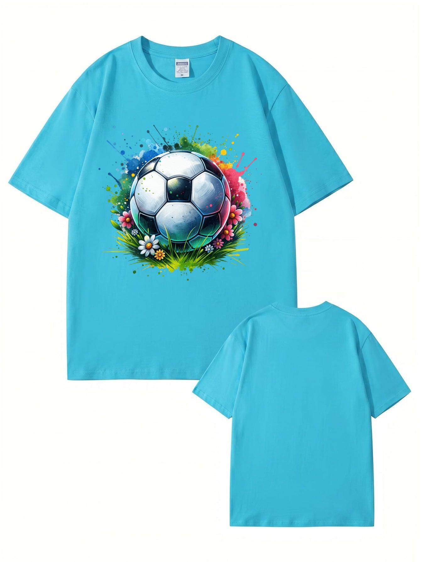 Colorful Watercolor Soccer Ball Floral Graphic Cotton T-Shirt