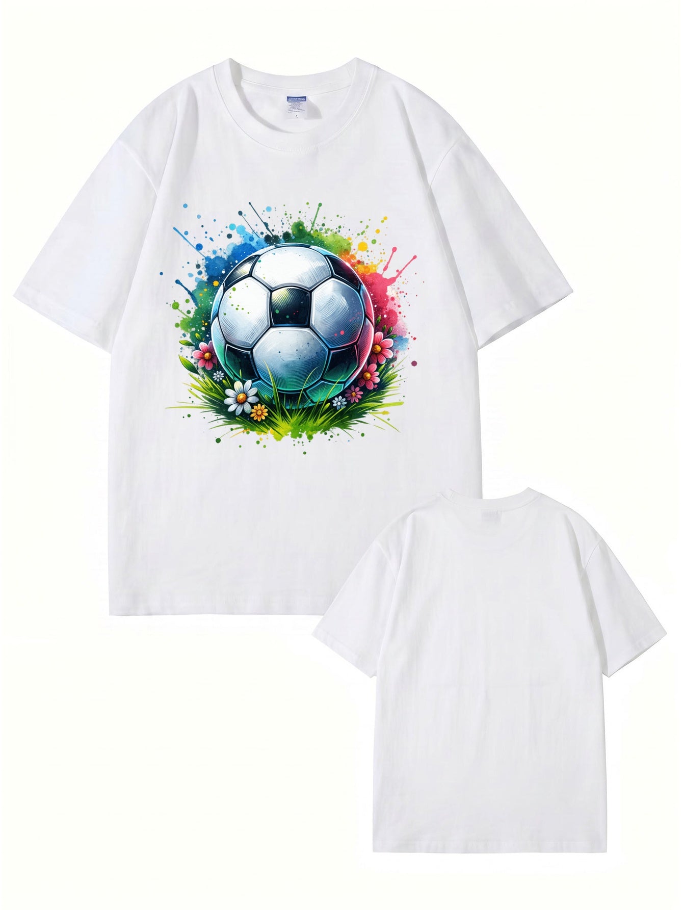 Colorful Watercolor Soccer Ball Floral Graphic Cotton T-Shirt