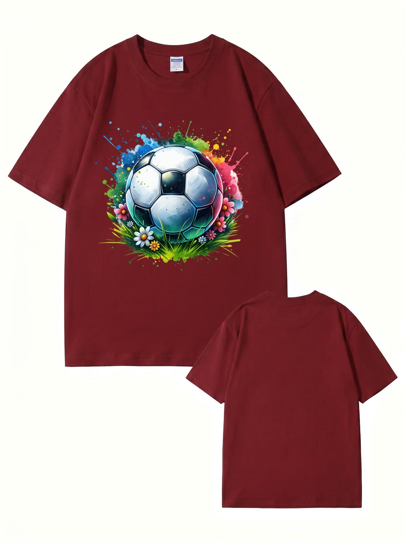 Colorful Watercolor Soccer Ball Floral Graphic Cotton T-Shirt