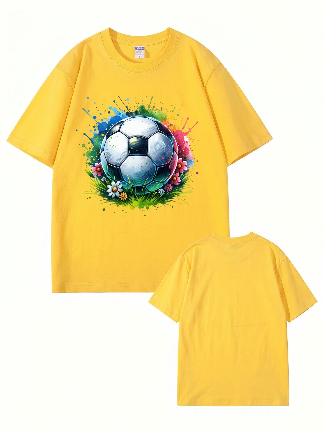 Colorful Watercolor Soccer Ball Floral Graphic Cotton T-Shirt