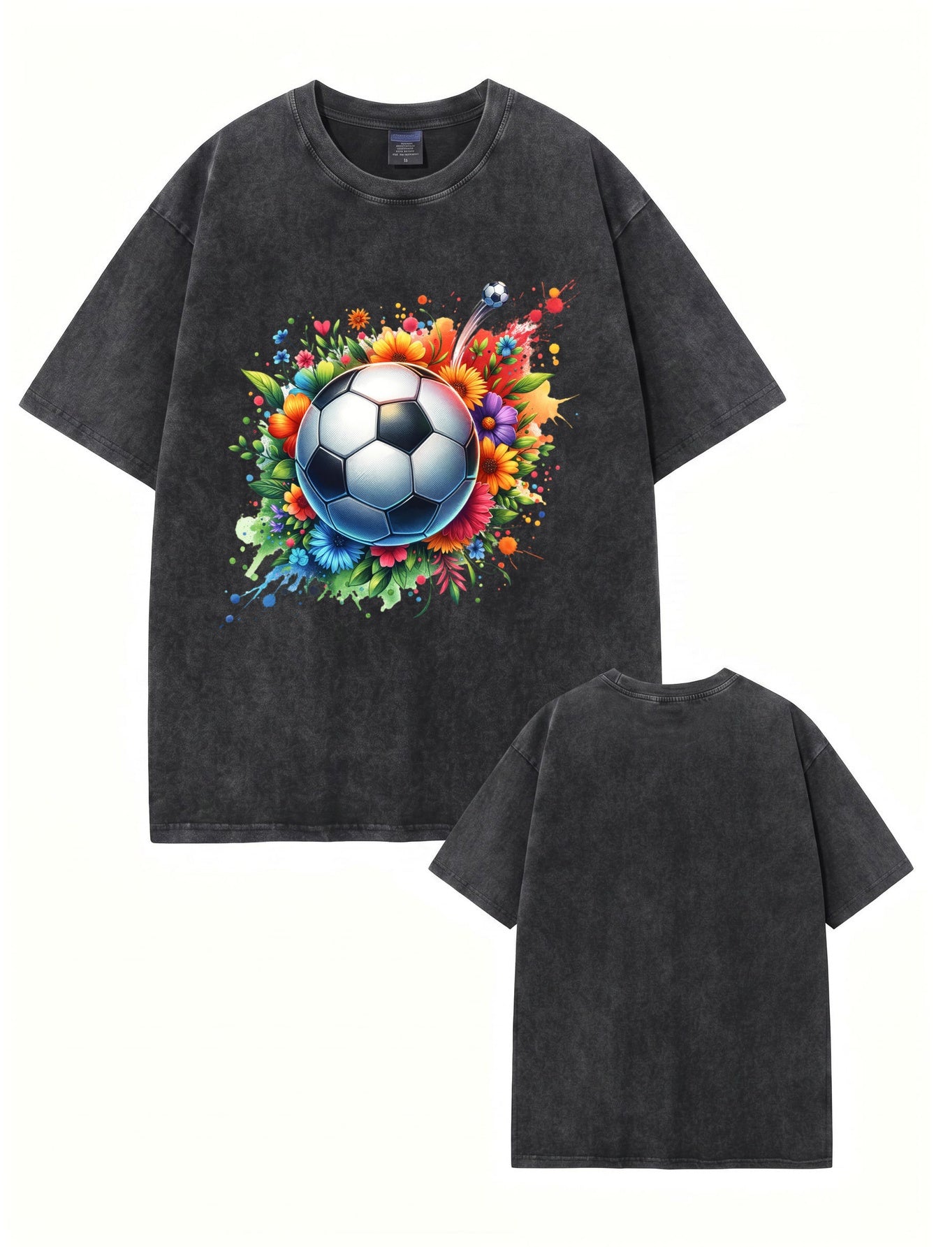 Vintage Washed Floral Soccer Graphic Tee - 300GSM Heavyweight Cotton