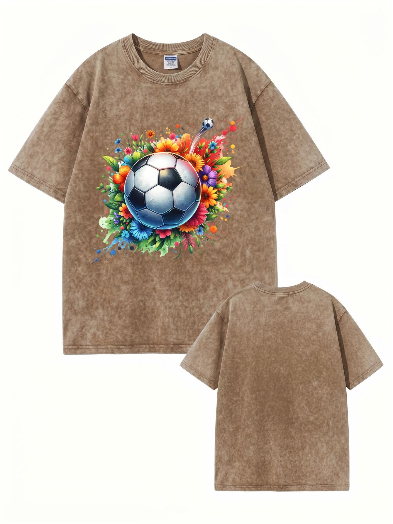 Vintage Washed Floral Soccer Graphic Tee - 300GSM Heavyweight Cotton