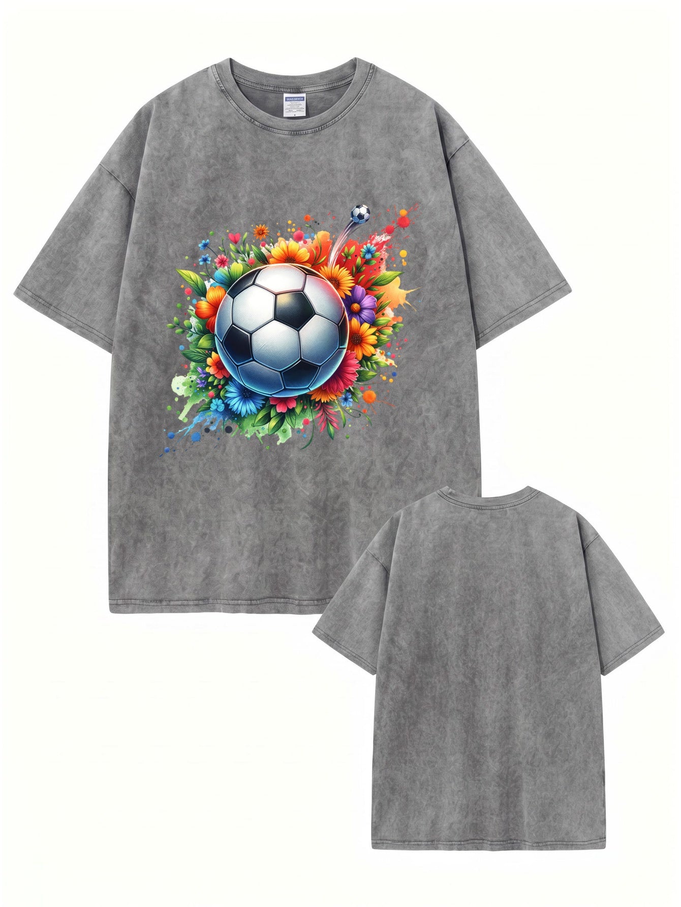 Vintage Washed Floral Soccer Graphic Tee - 300GSM Heavyweight Cotton
