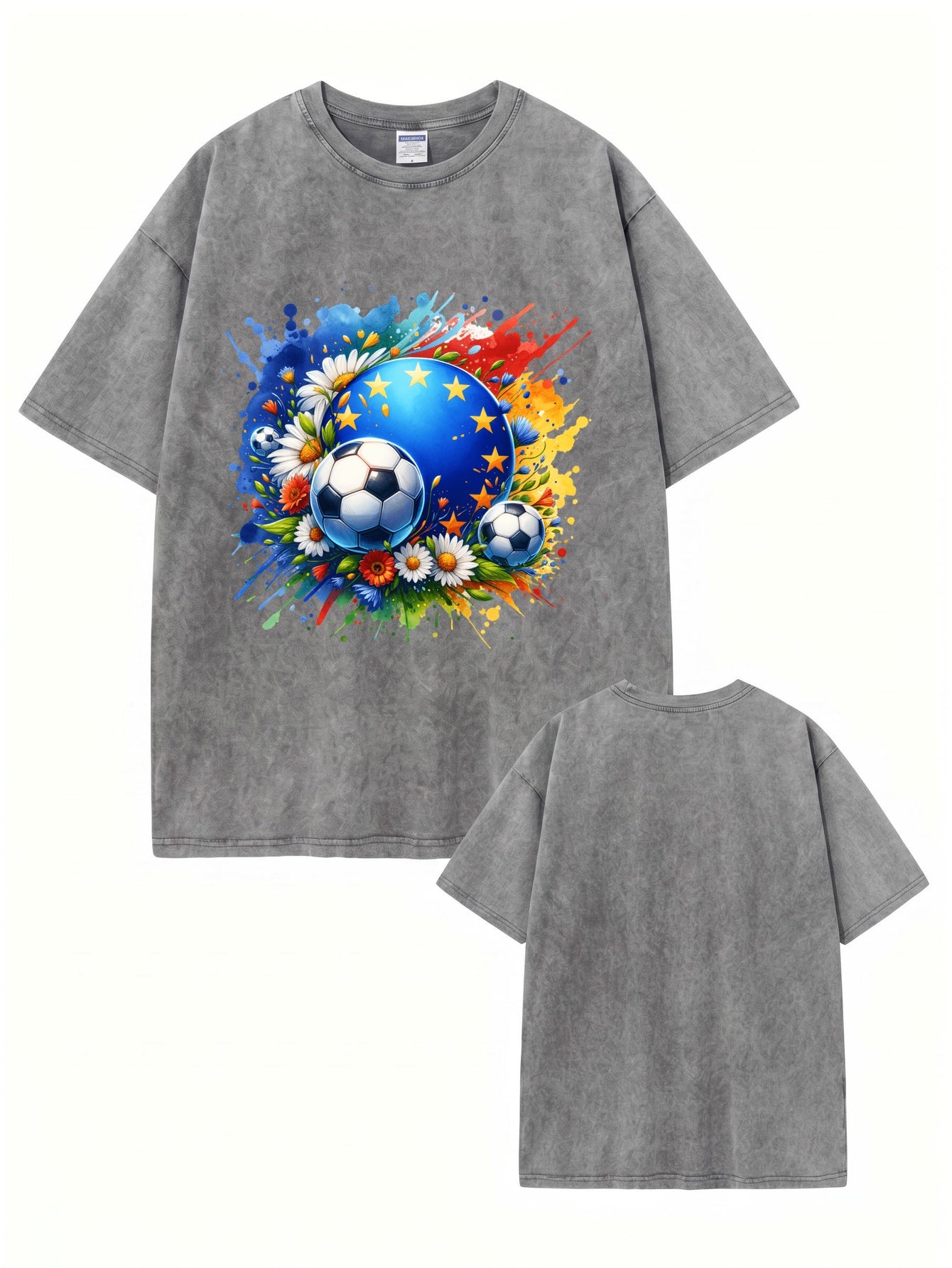 Vintage Washed European Soccer Floral Graphic Oversized Cotton T-Shirt