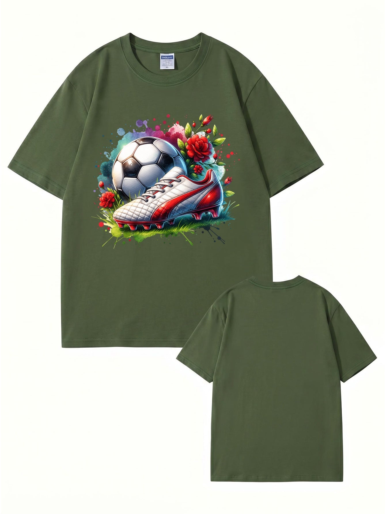 Watercolor Soccer Ball & Cleat Floral Graphic Print Men's Cotton T-Shirt