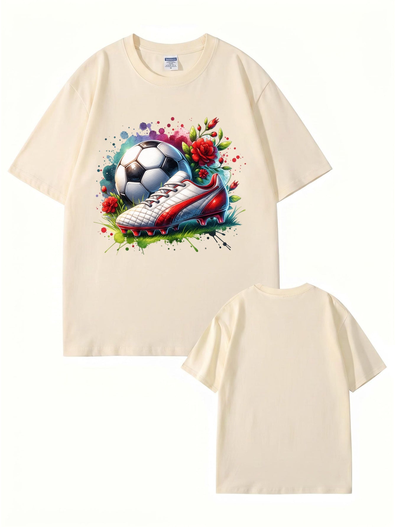 Watercolor Soccer Ball & Cleat Floral Graphic Print Men's Cotton T-Shirt