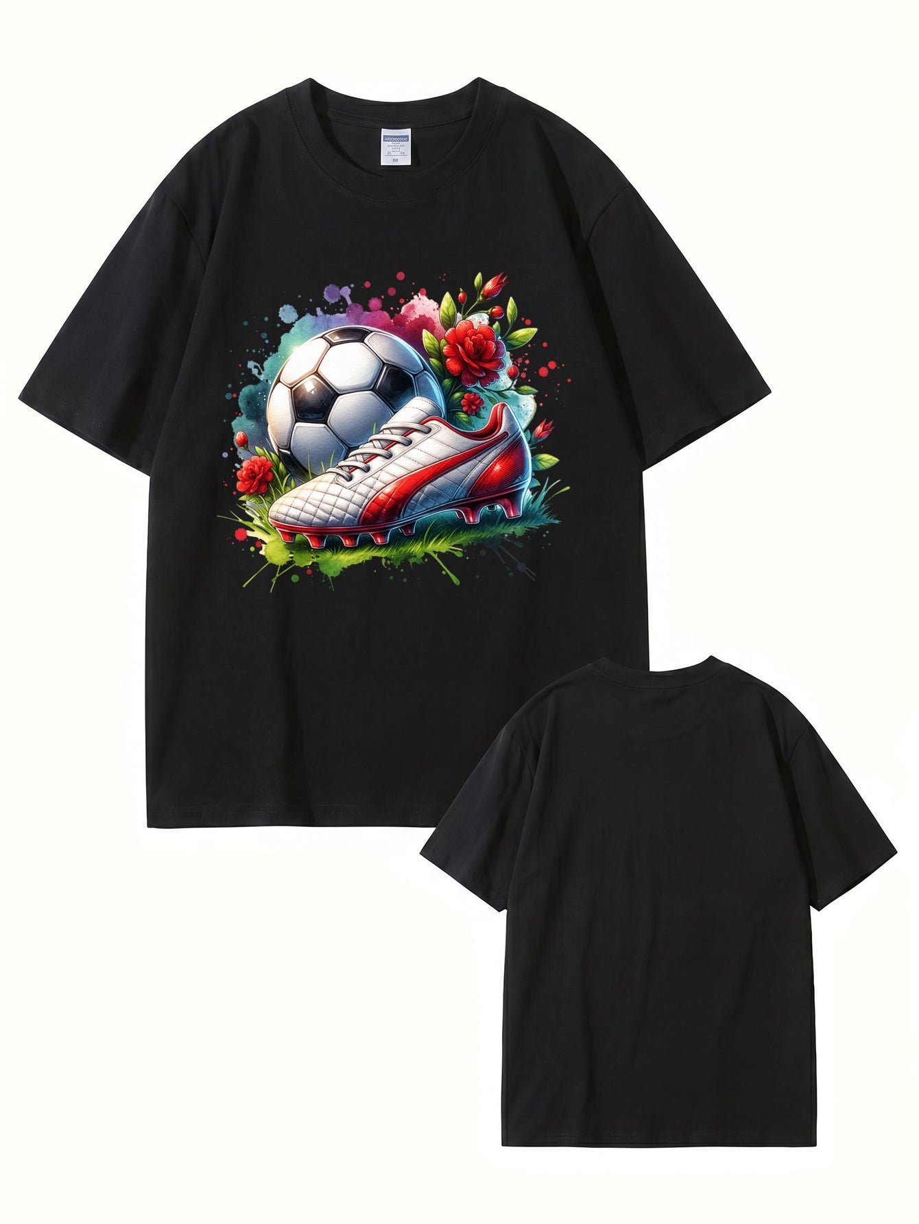 Watercolor Soccer Ball & Cleat Floral Graphic Print Men's Cotton T-Shirt