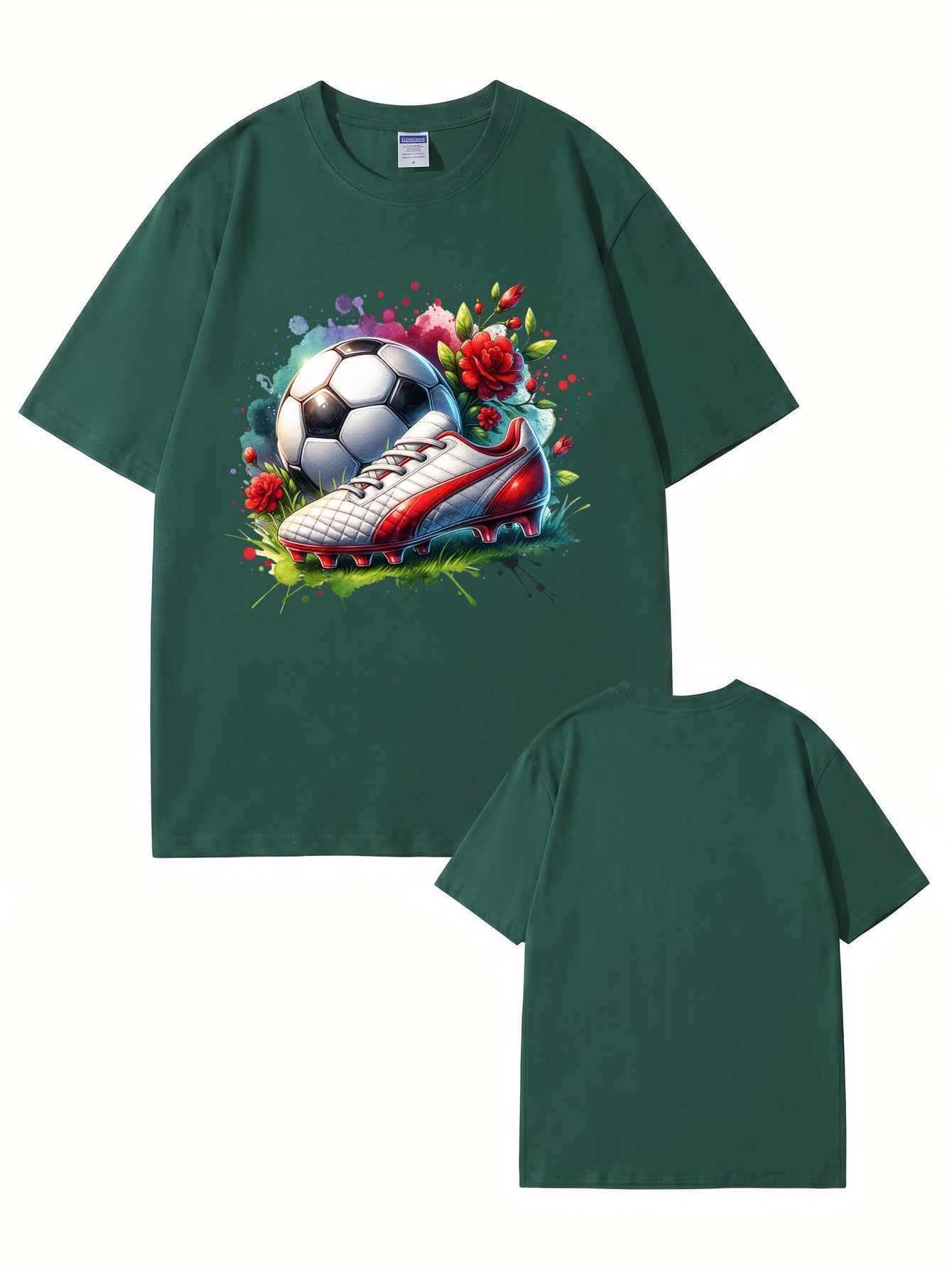 Watercolor Soccer Ball & Cleat Floral Graphic Print Men's Cotton T-Shirt