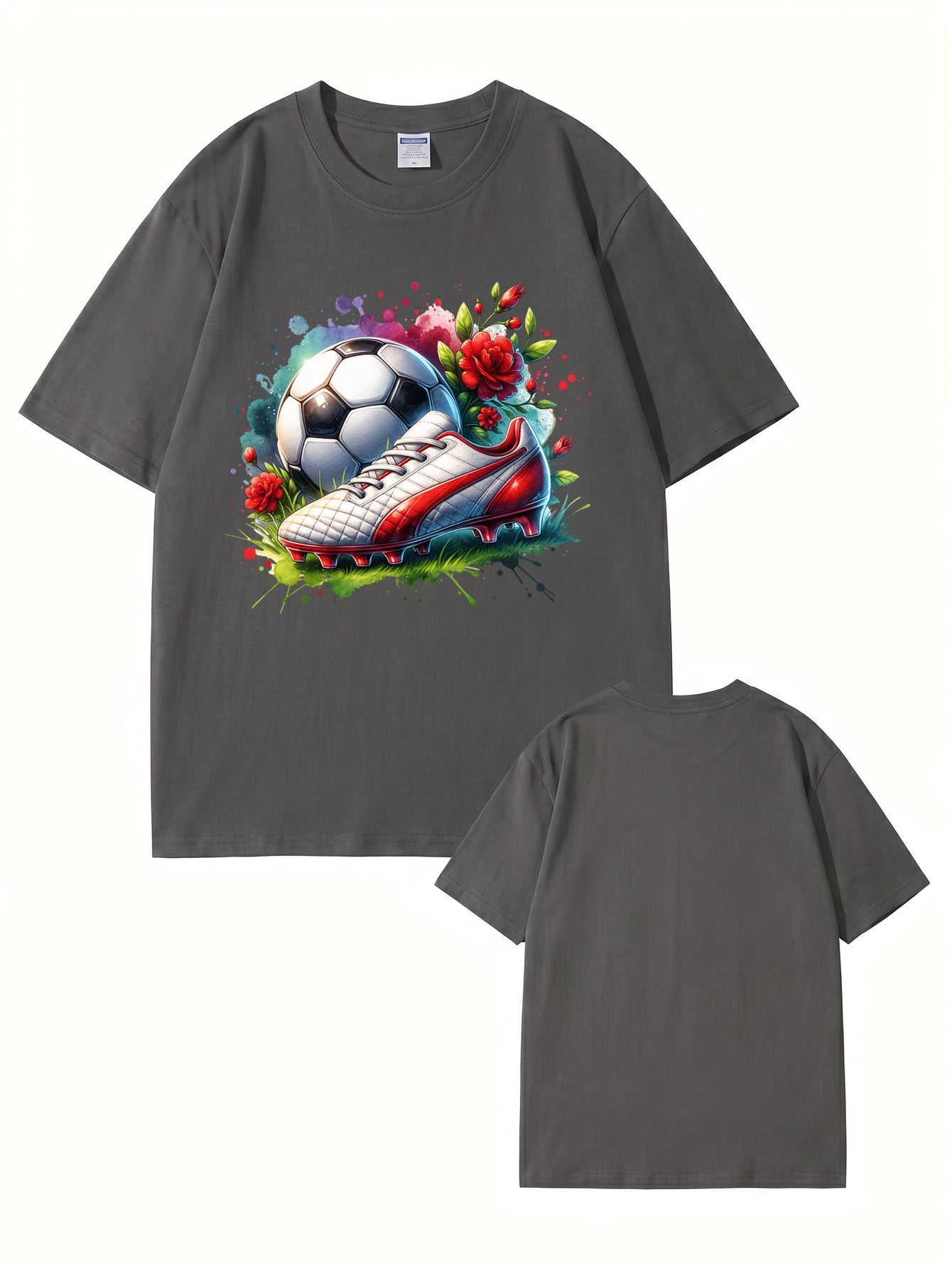 Watercolor Soccer Ball & Cleat Floral Graphic Print Men's Cotton T-Shirt