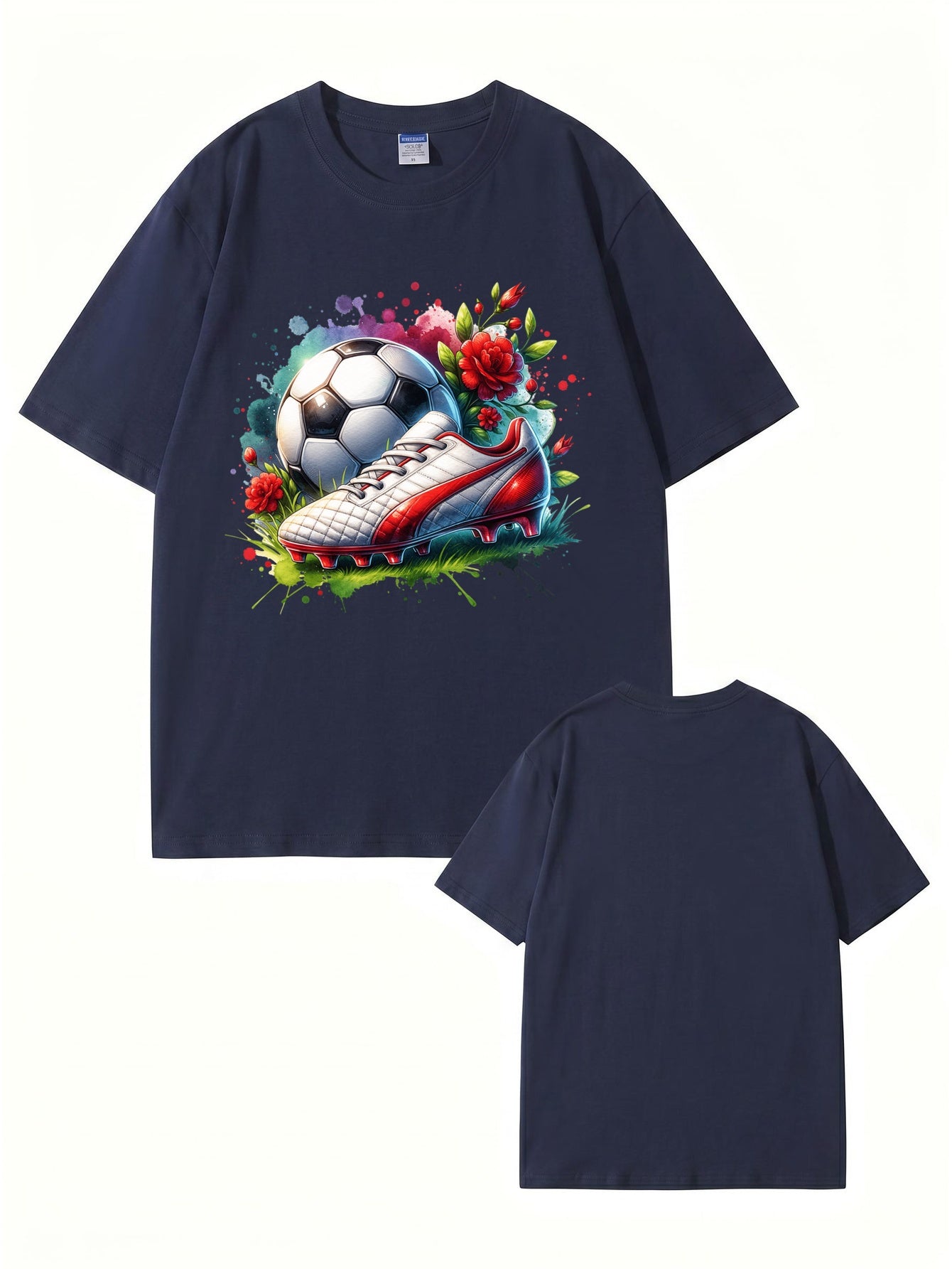 Watercolor Soccer Ball & Cleat Floral Graphic Print Men's Cotton T-Shirt
