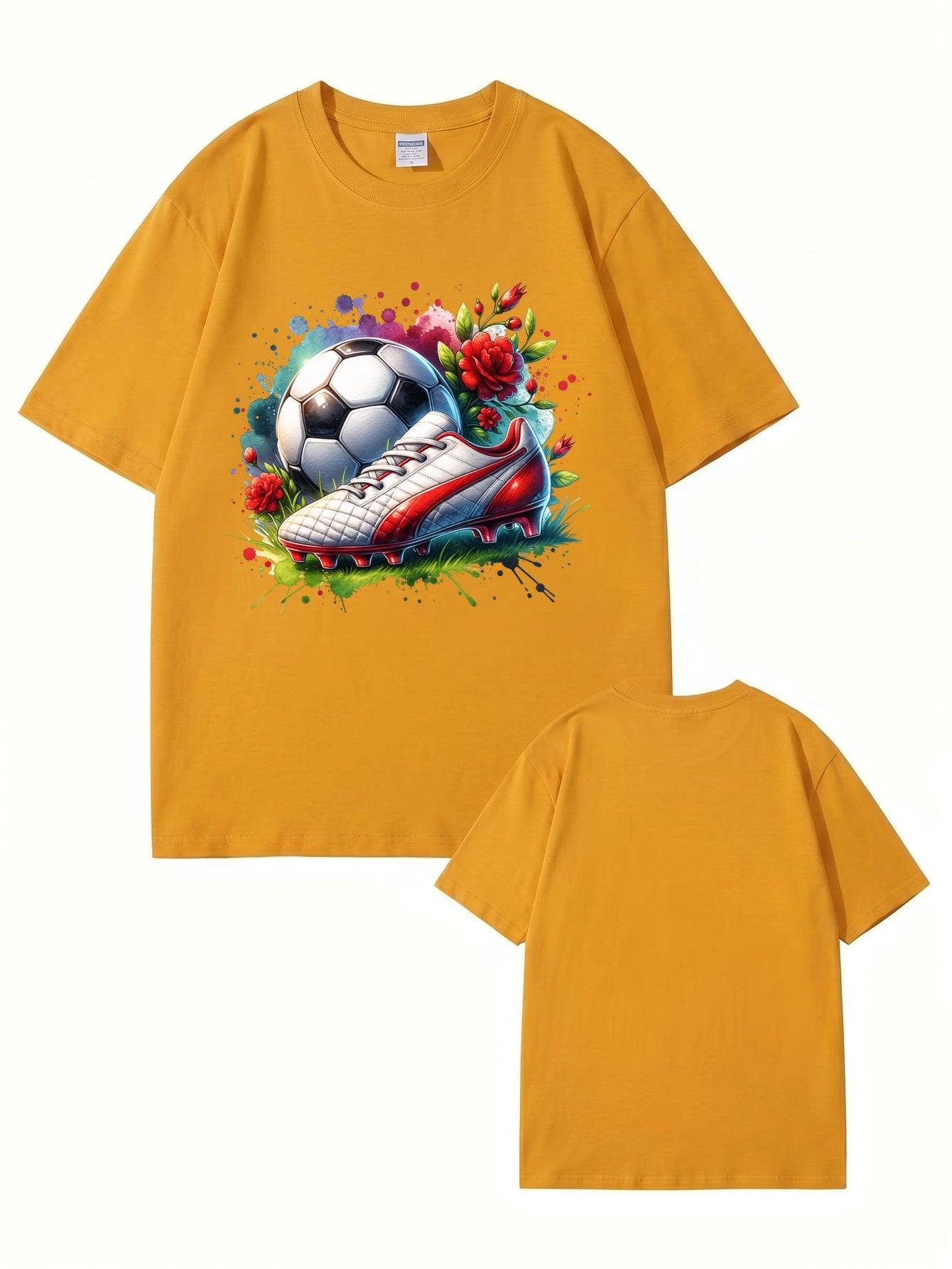Watercolor Soccer Ball & Cleat Floral Graphic Print Men's Cotton T-Shirt