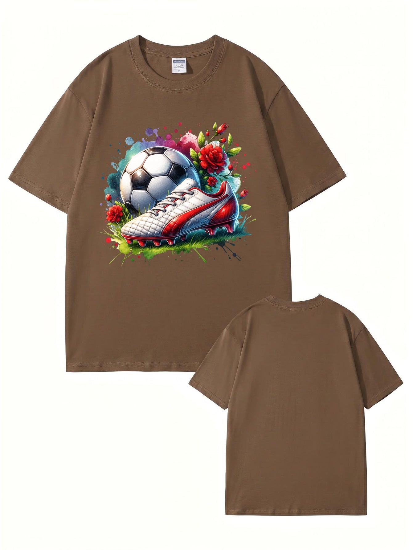 Watercolor Soccer Ball & Cleat Floral Graphic Print Men's Cotton T-Shirt