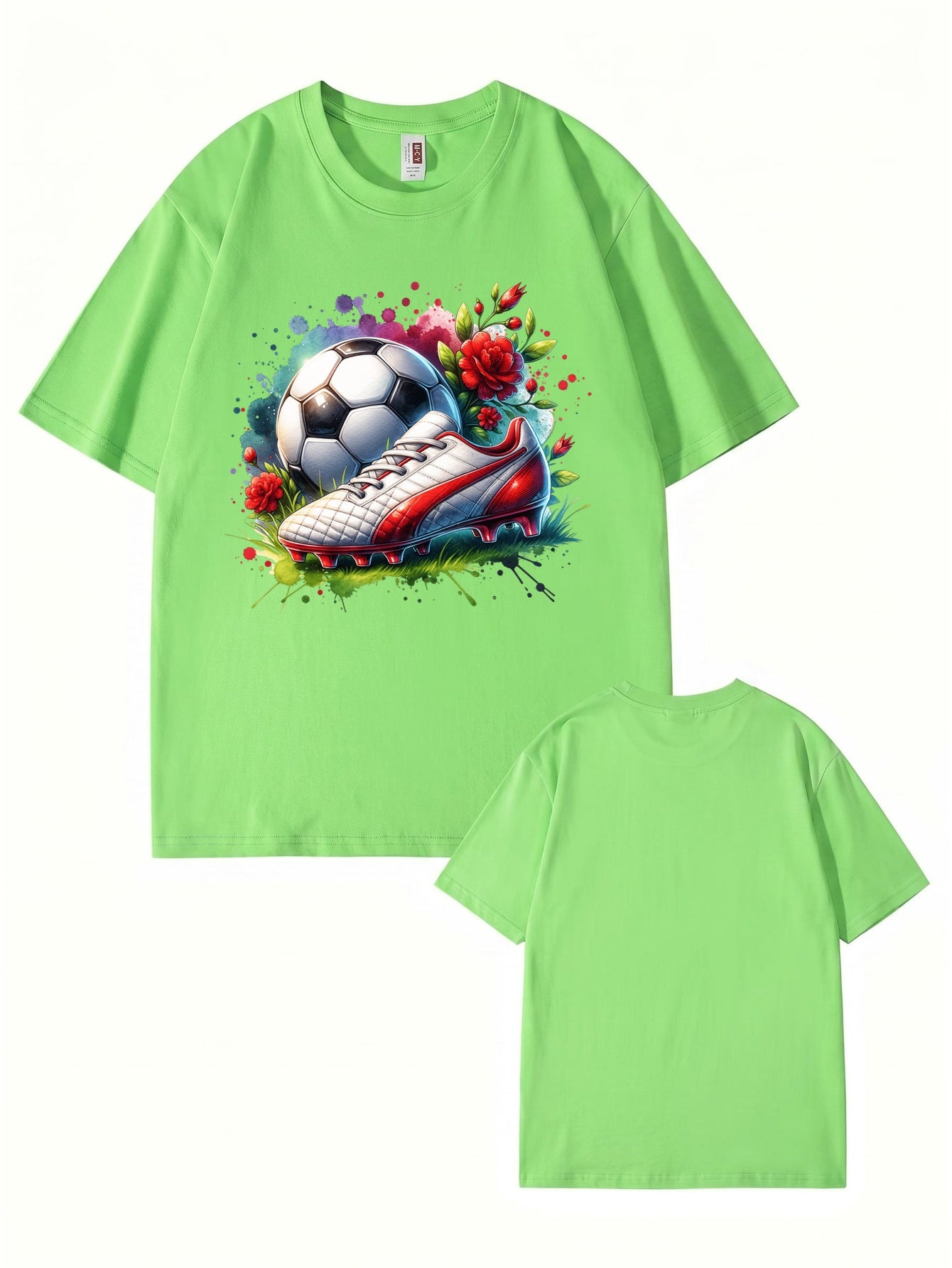Watercolor Soccer Ball & Cleat Floral Graphic Print Men's Cotton T-Shirt