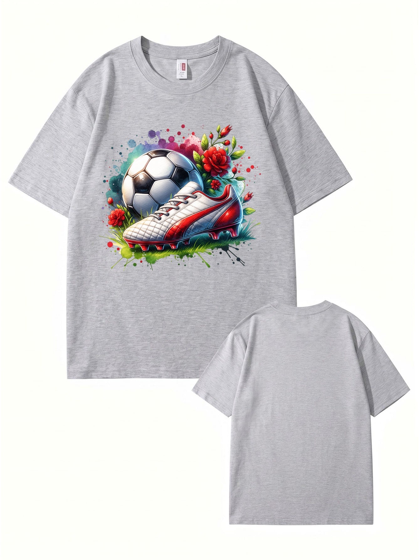 Watercolor Soccer Ball & Cleat Floral Graphic Print Men's Cotton T-Shirt