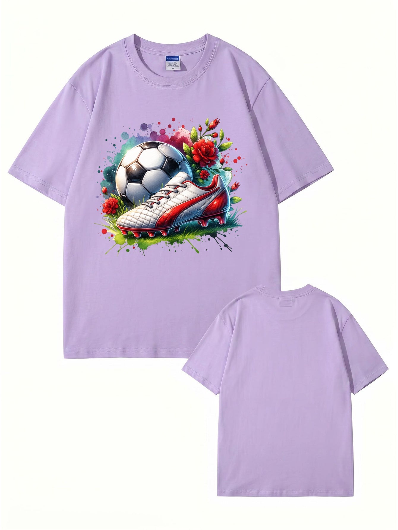 Watercolor Soccer Ball & Cleat Floral Graphic Print Men's Cotton T-Shirt