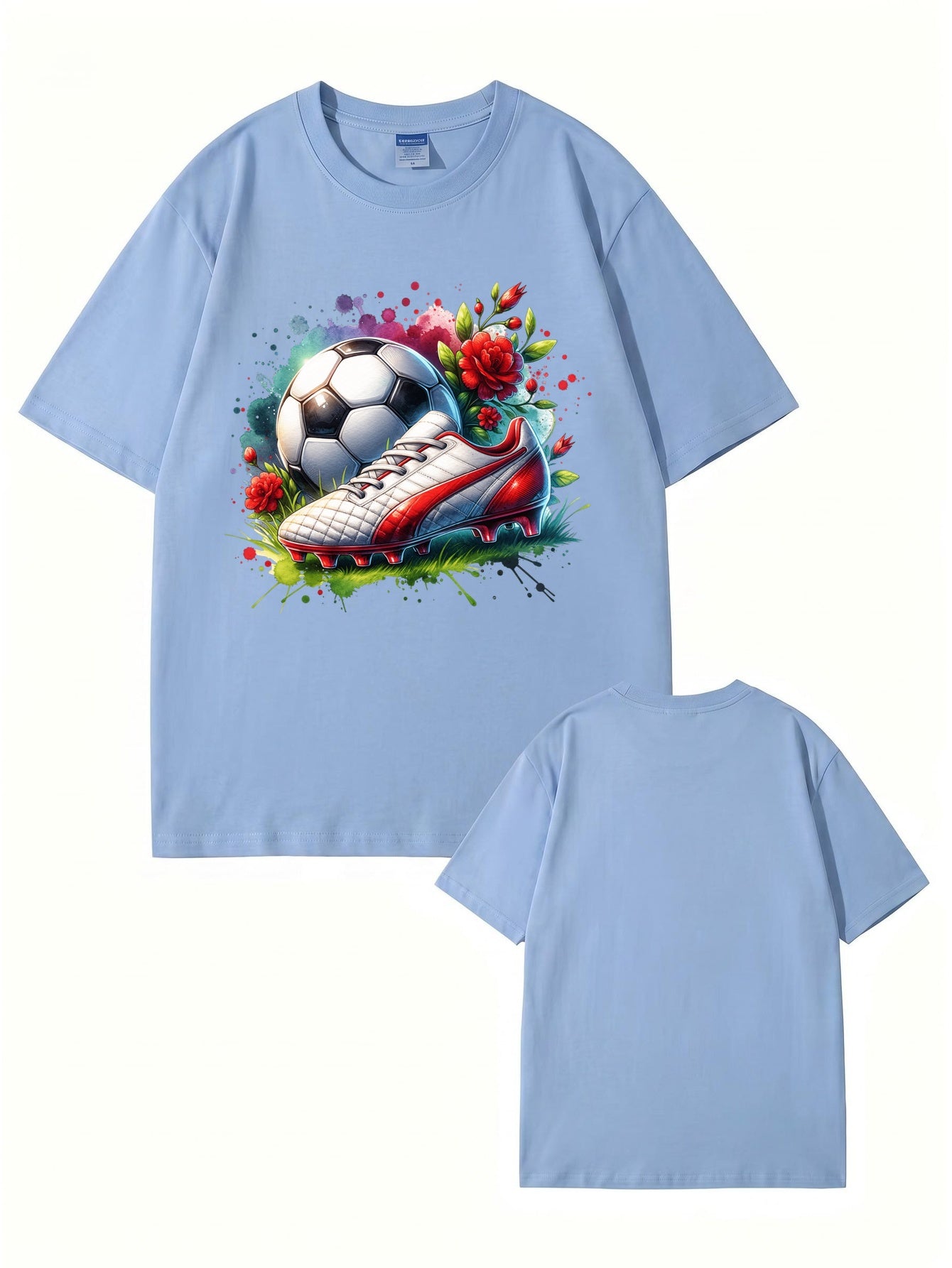 Watercolor Soccer Ball & Cleat Floral Graphic Print Men's Cotton T-Shirt