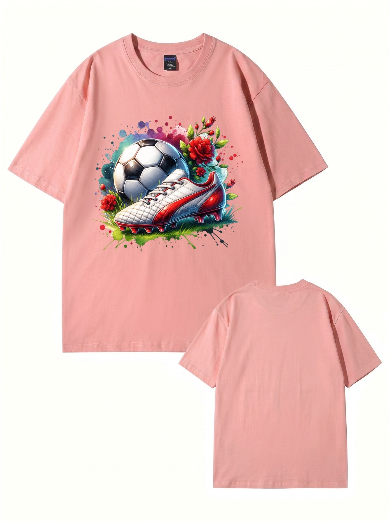 Watercolor Soccer Ball & Cleat Floral Graphic Print Men's Cotton T-Shirt