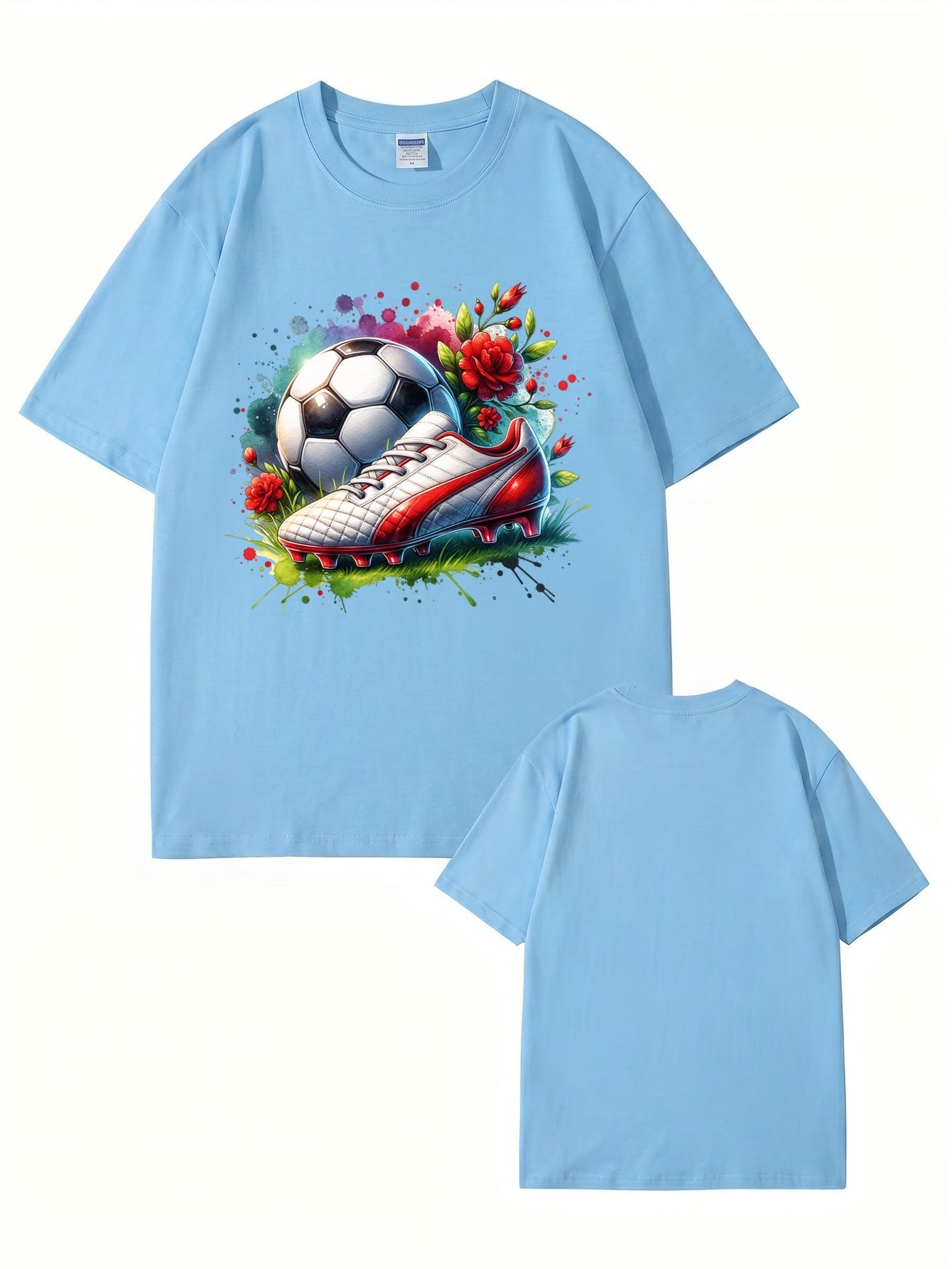 Watercolor Soccer Ball & Cleat Floral Graphic Print Men's Cotton T-Shirt