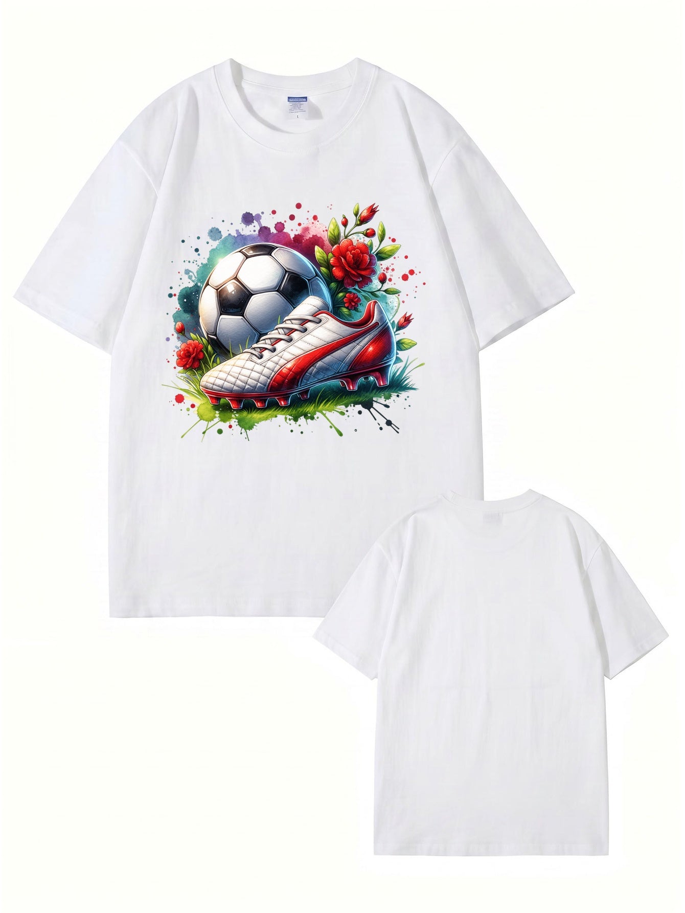 Watercolor Soccer Ball & Cleat Floral Graphic Print Men's Cotton T-Shirt