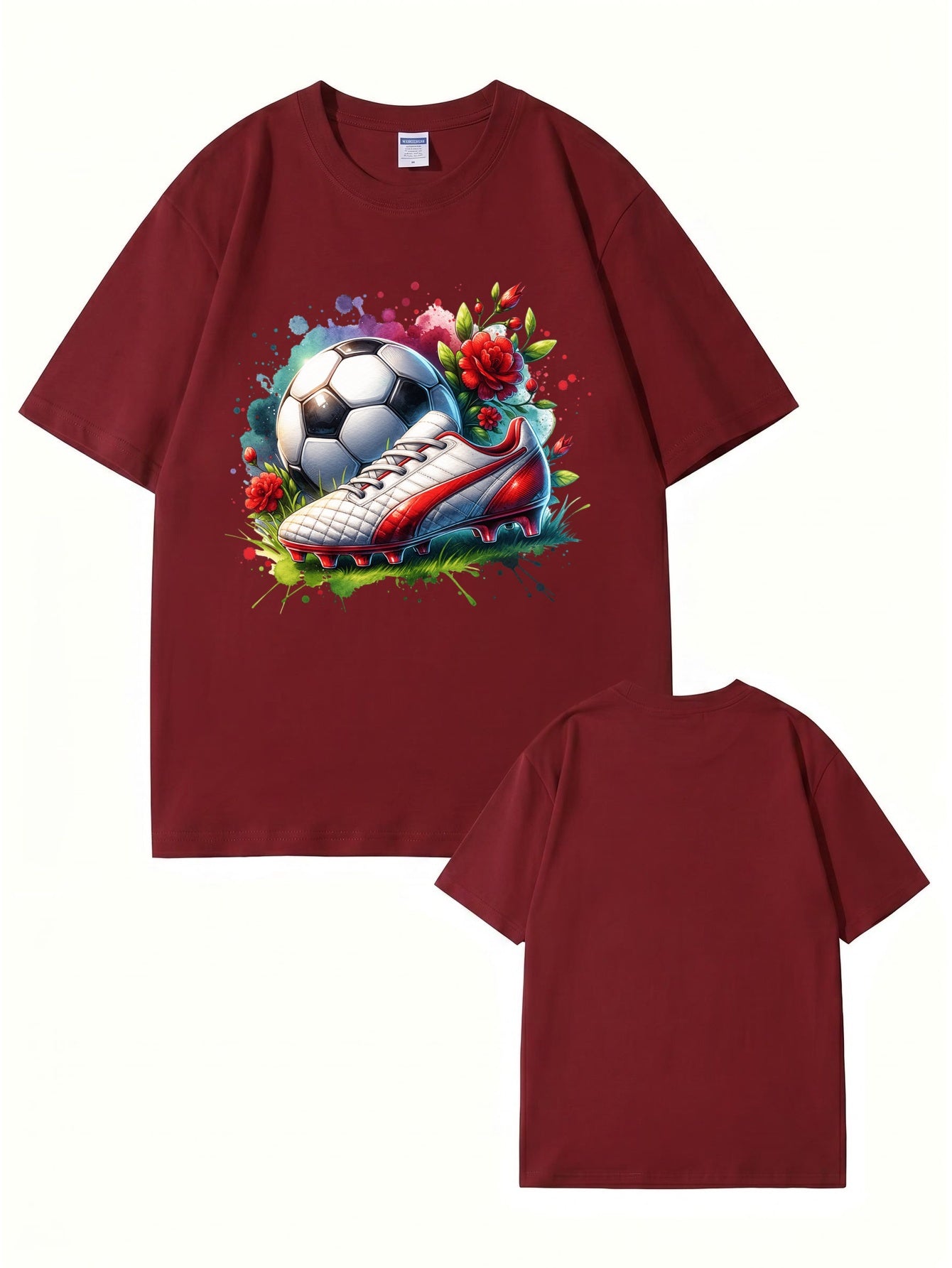 Watercolor Soccer Ball & Cleat Floral Graphic Print Men's Cotton T-Shirt
