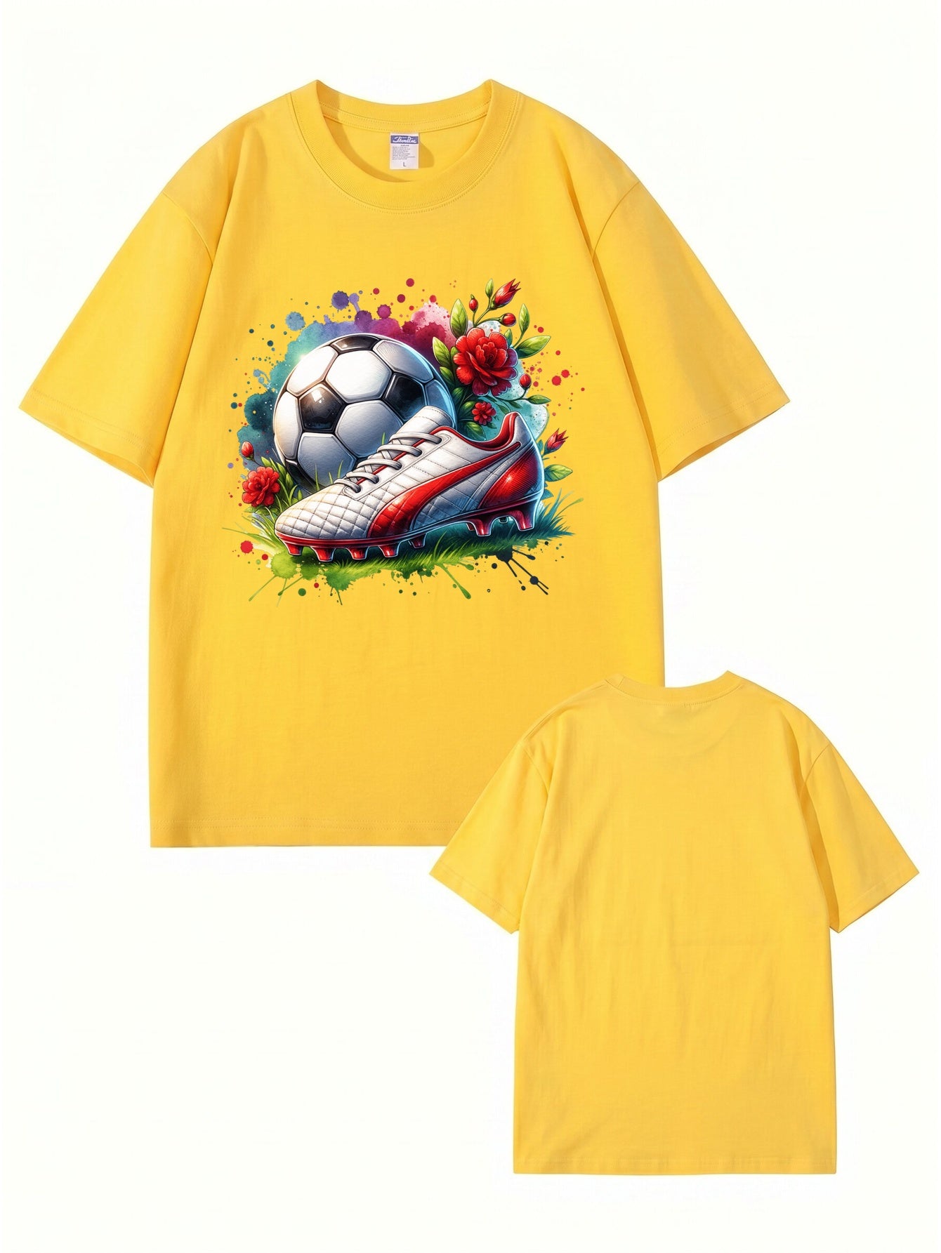 Watercolor Soccer Ball & Cleat Floral Graphic Print Men's Cotton T-Shirt
