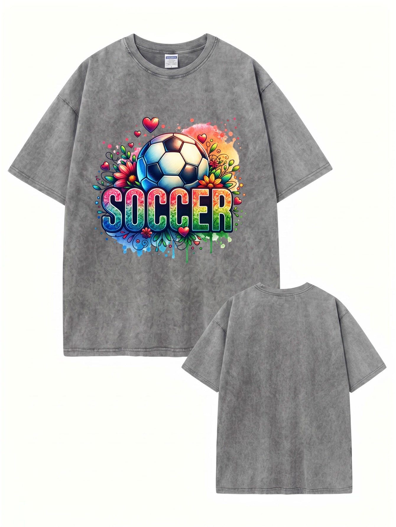 Vintage Washed Cotton Soccer Graphic T-Shirt - Vibrant Floral Sporty Print