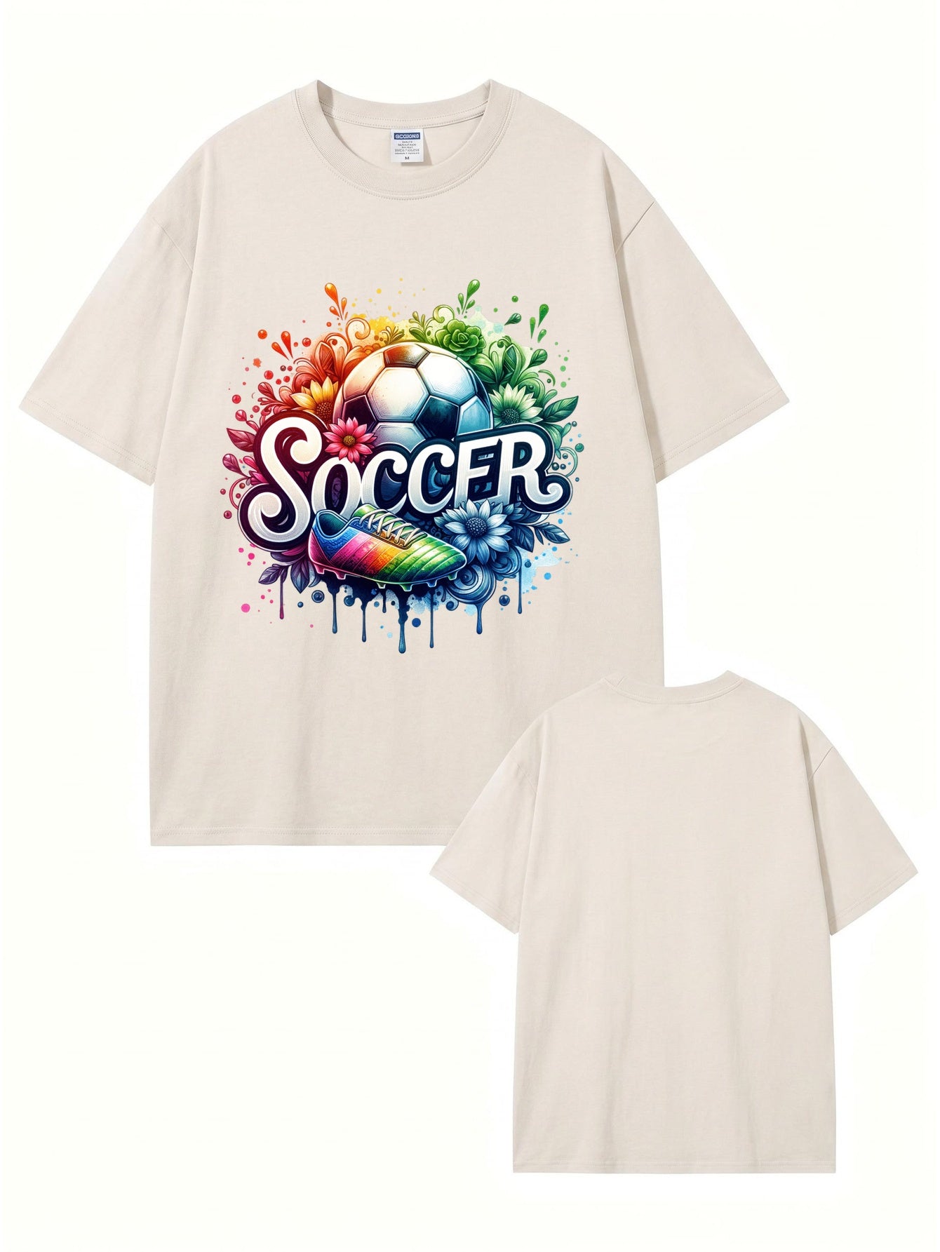 Vintage Washed Graphic Soccer T-Shirt - Colorful Floral Ball Print
