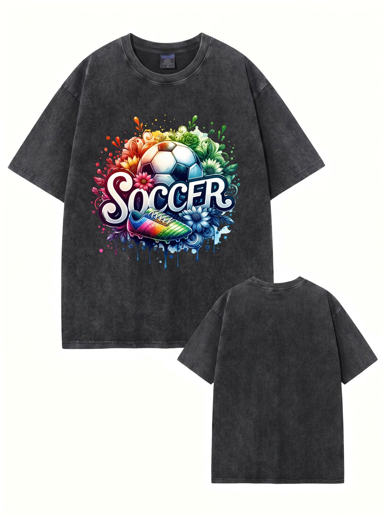 Vintage Washed Graphic Soccer T-Shirt - Colorful Floral Ball Print