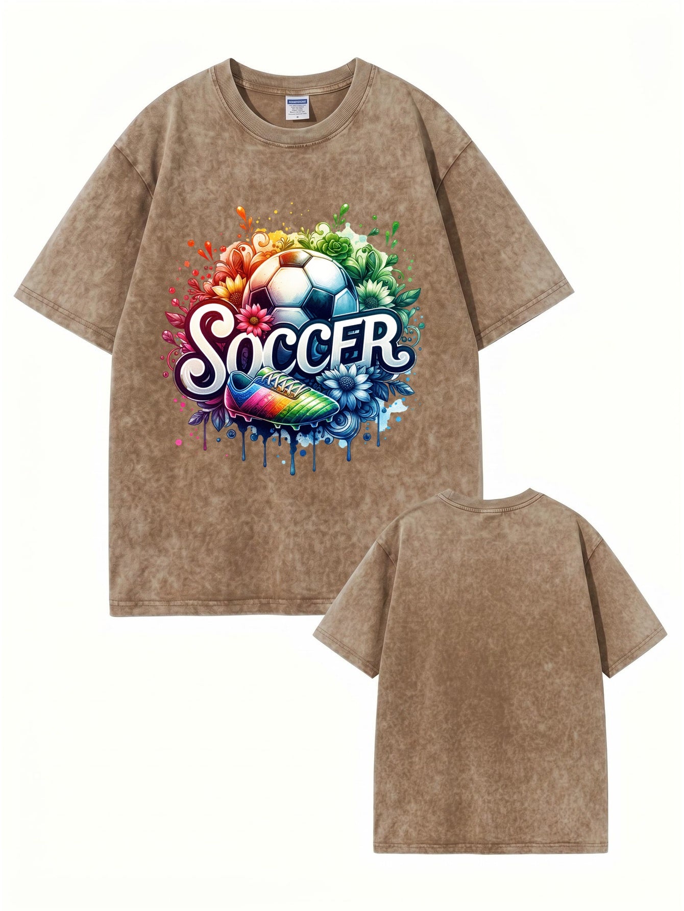 Vintage Washed Graphic Soccer T-Shirt - Colorful Floral Ball Print