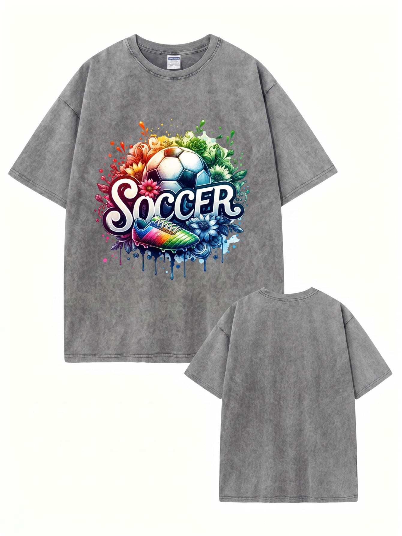 Vintage Washed Graphic Soccer T-Shirt - Colorful Floral Ball Print
