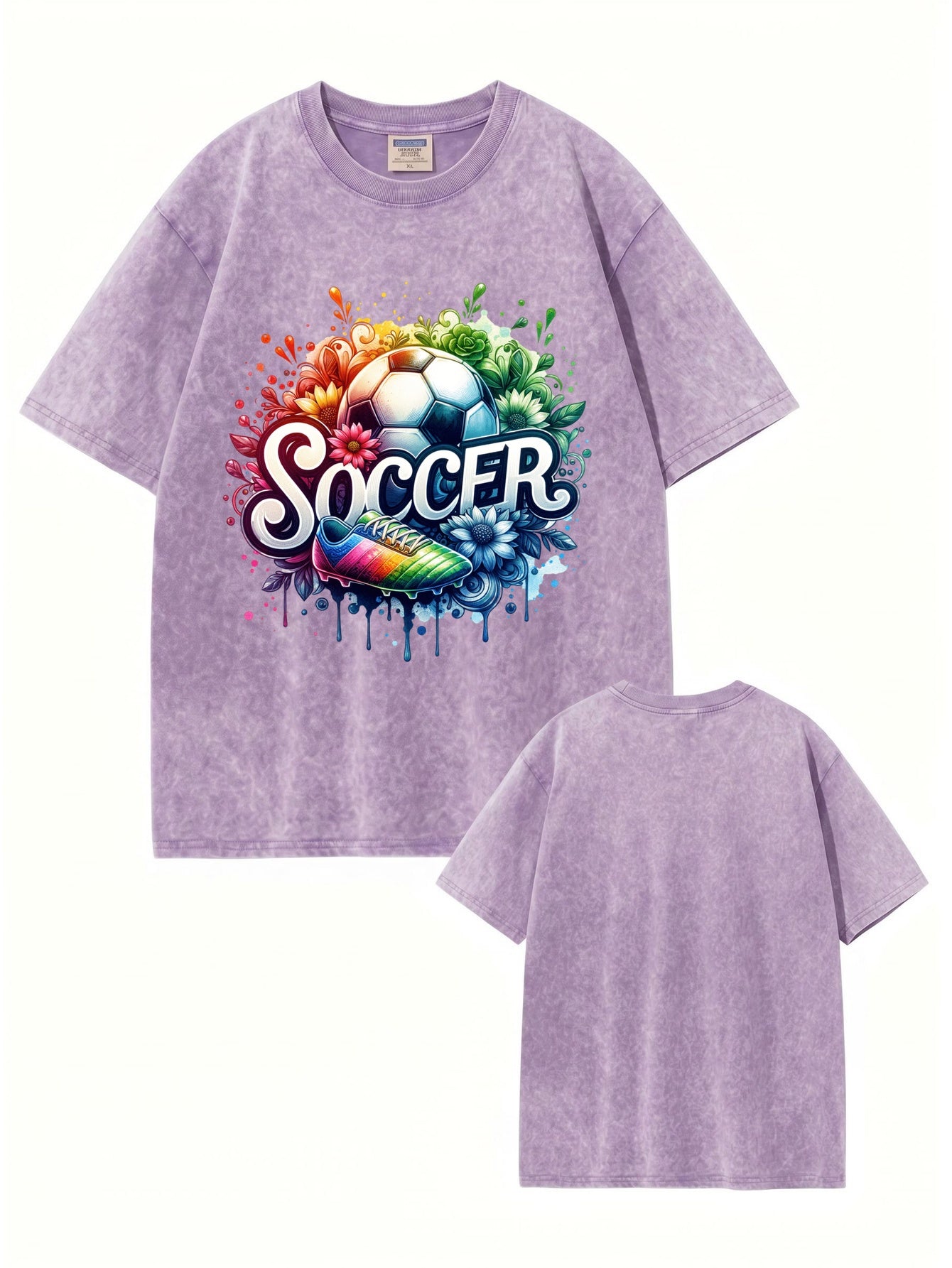 Vintage Washed Graphic Soccer T-Shirt - Colorful Floral Ball Print