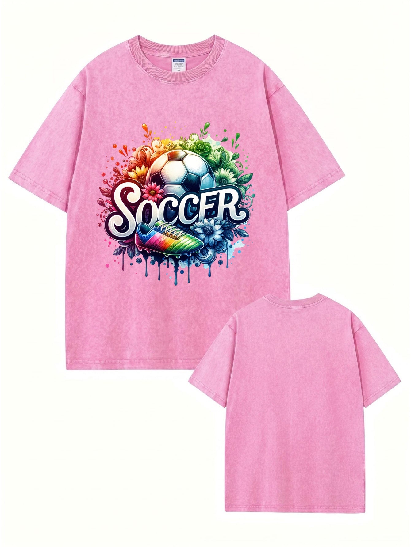 Vintage Washed Graphic Soccer T-Shirt - Colorful Floral Ball Print