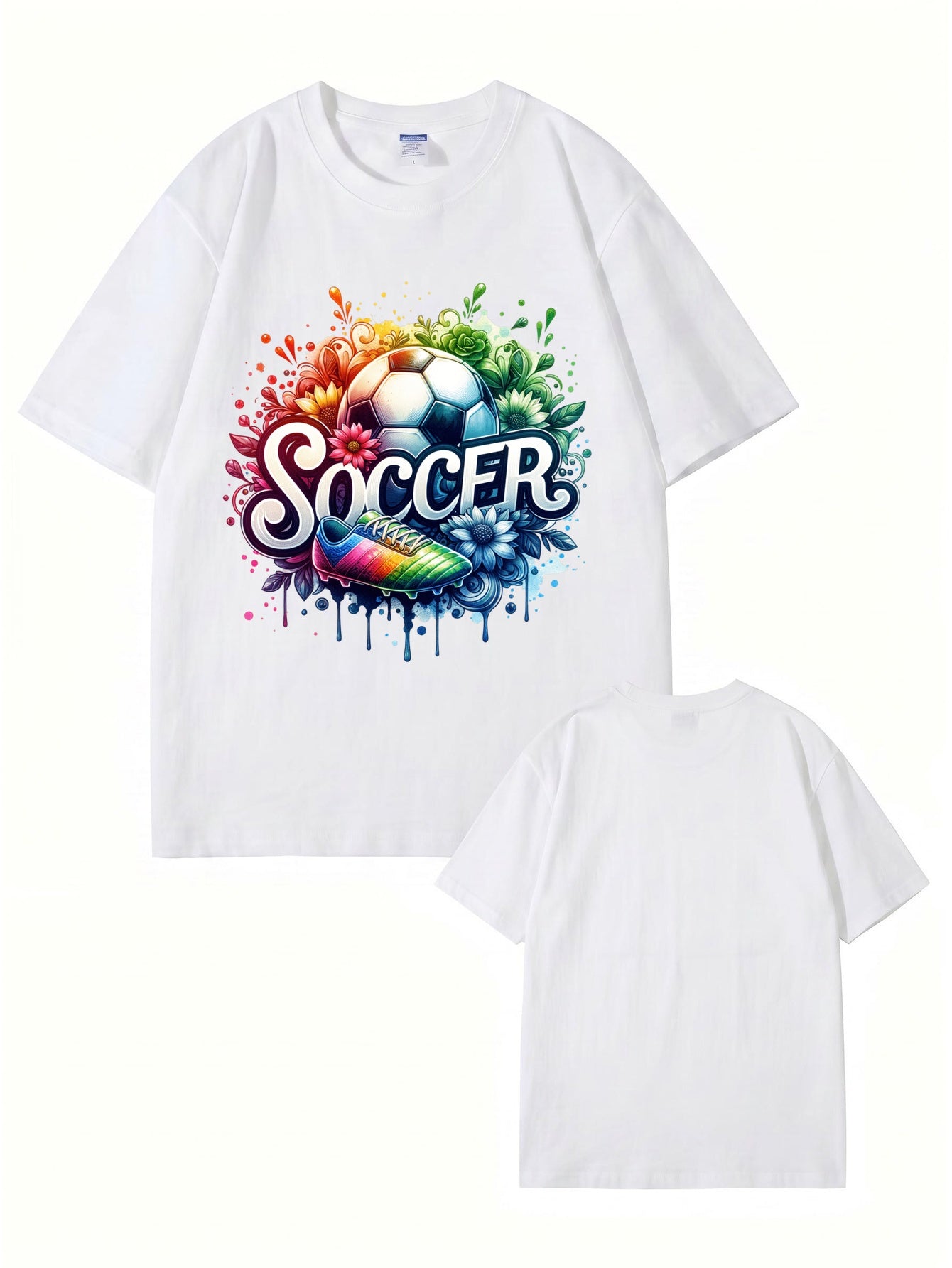 Colorful Soccer Ball & Cleats Graphic Print Cotton T-Shirt