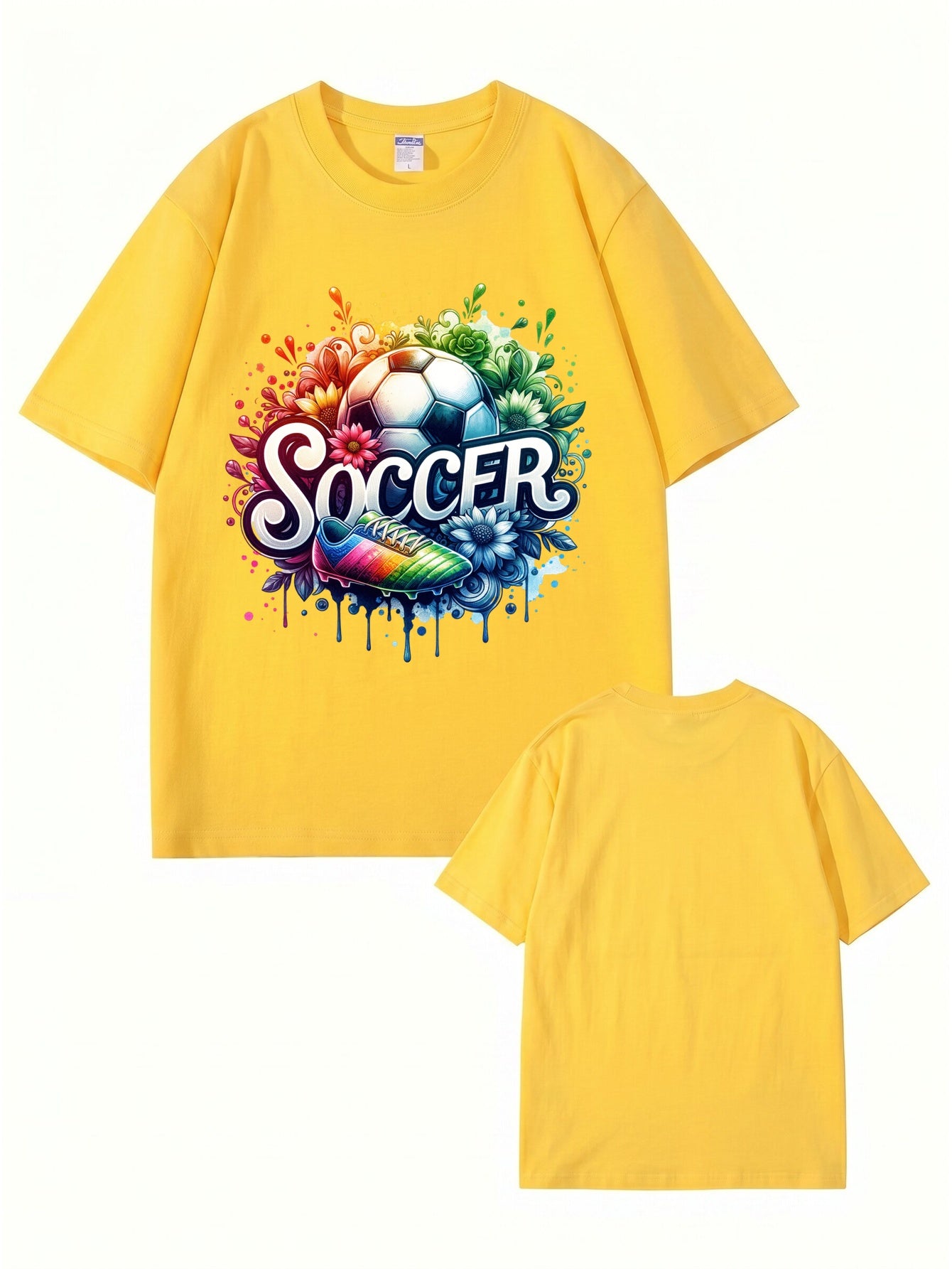 Colorful Soccer Ball & Cleats Graphic Print Cotton T-Shirt