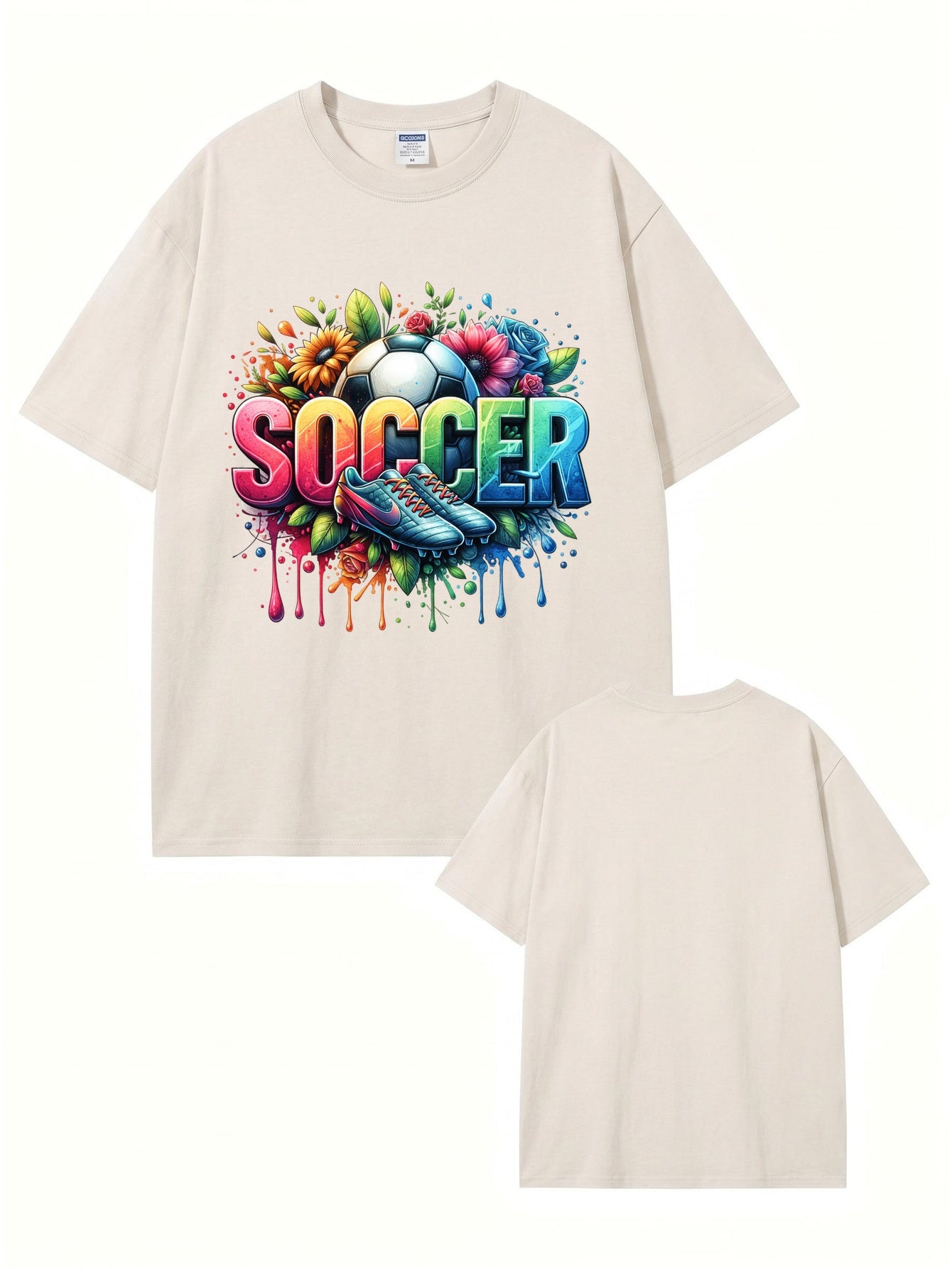 Vintage Washed Soccer Graphic T-Shirt - Vibrant Floral & Sports Art Print