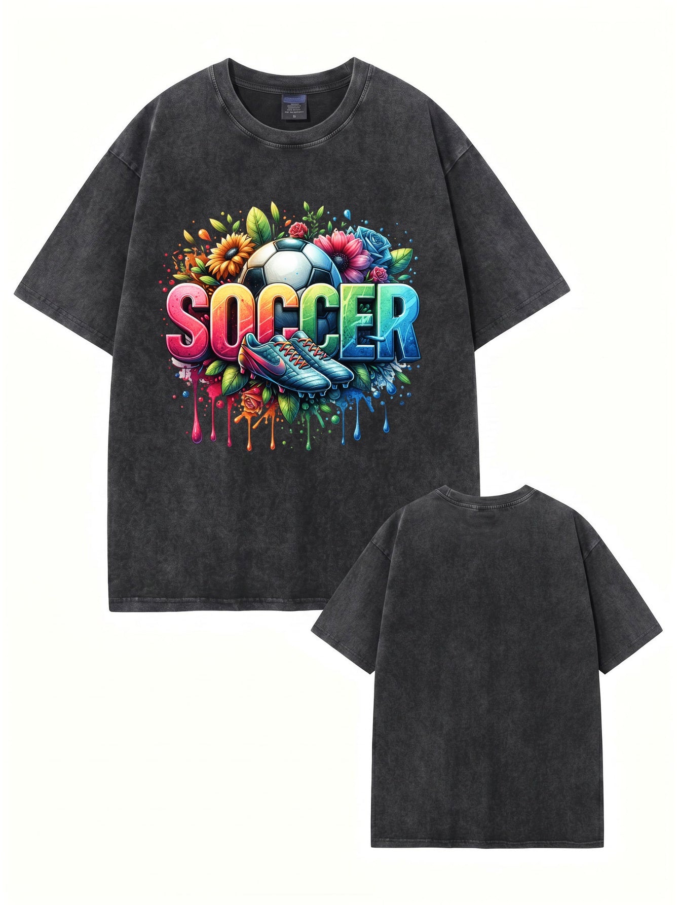 Vintage Washed Soccer Graphic T-Shirt - Vibrant Floral & Sports Art Print