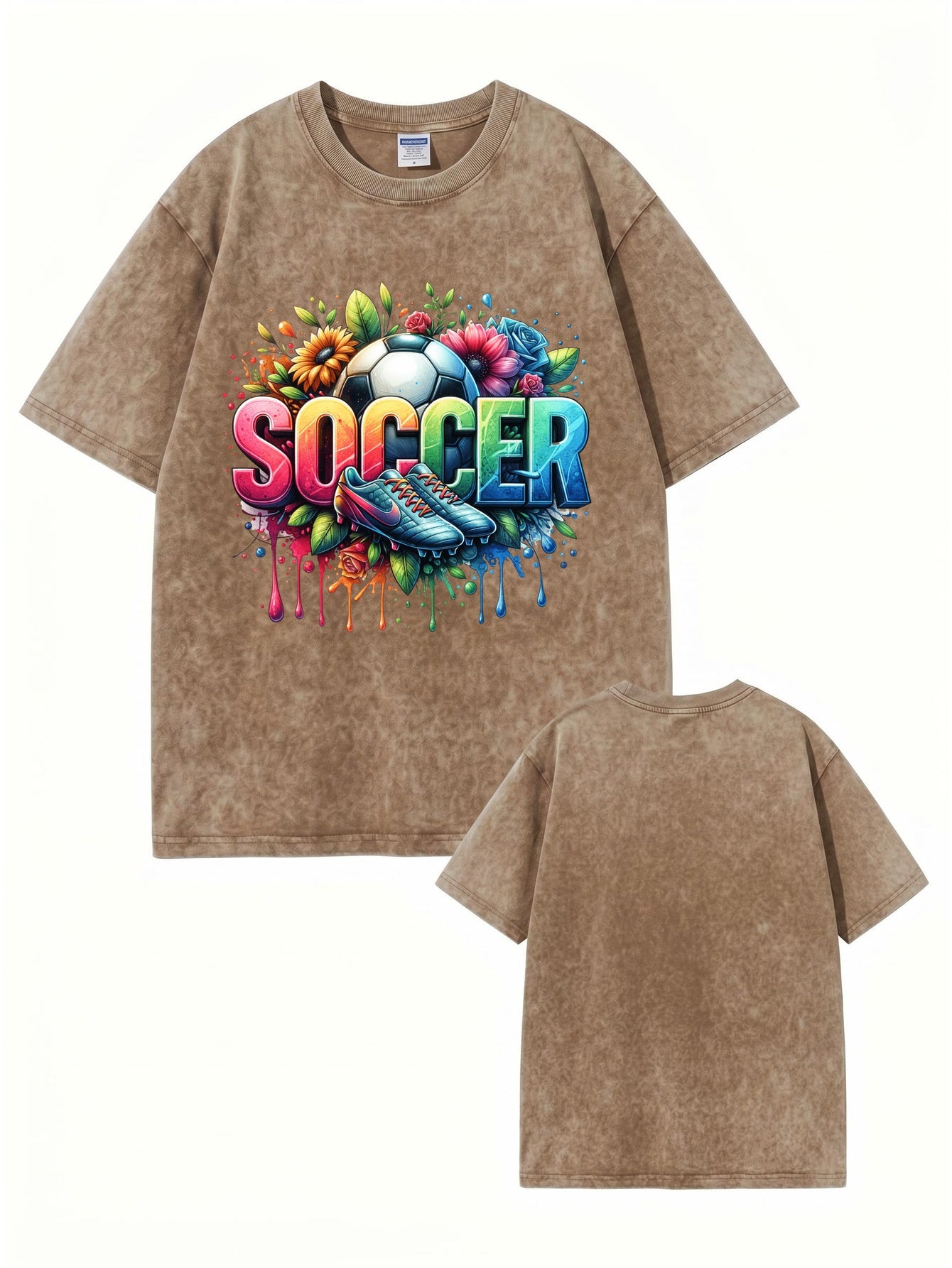Vintage Washed Soccer Graphic T-Shirt - Vibrant Floral & Sports Art Print