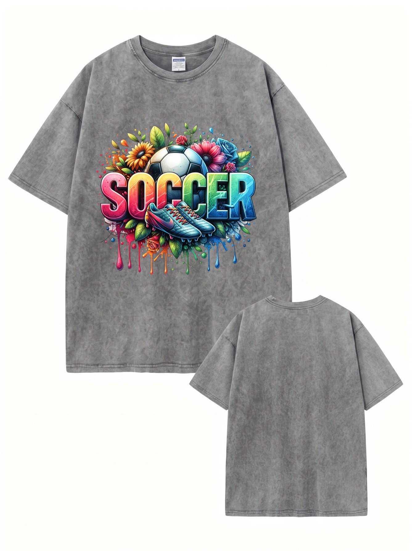 Vintage Washed Soccer Graphic T-Shirt - Vibrant Floral & Sports Art Print