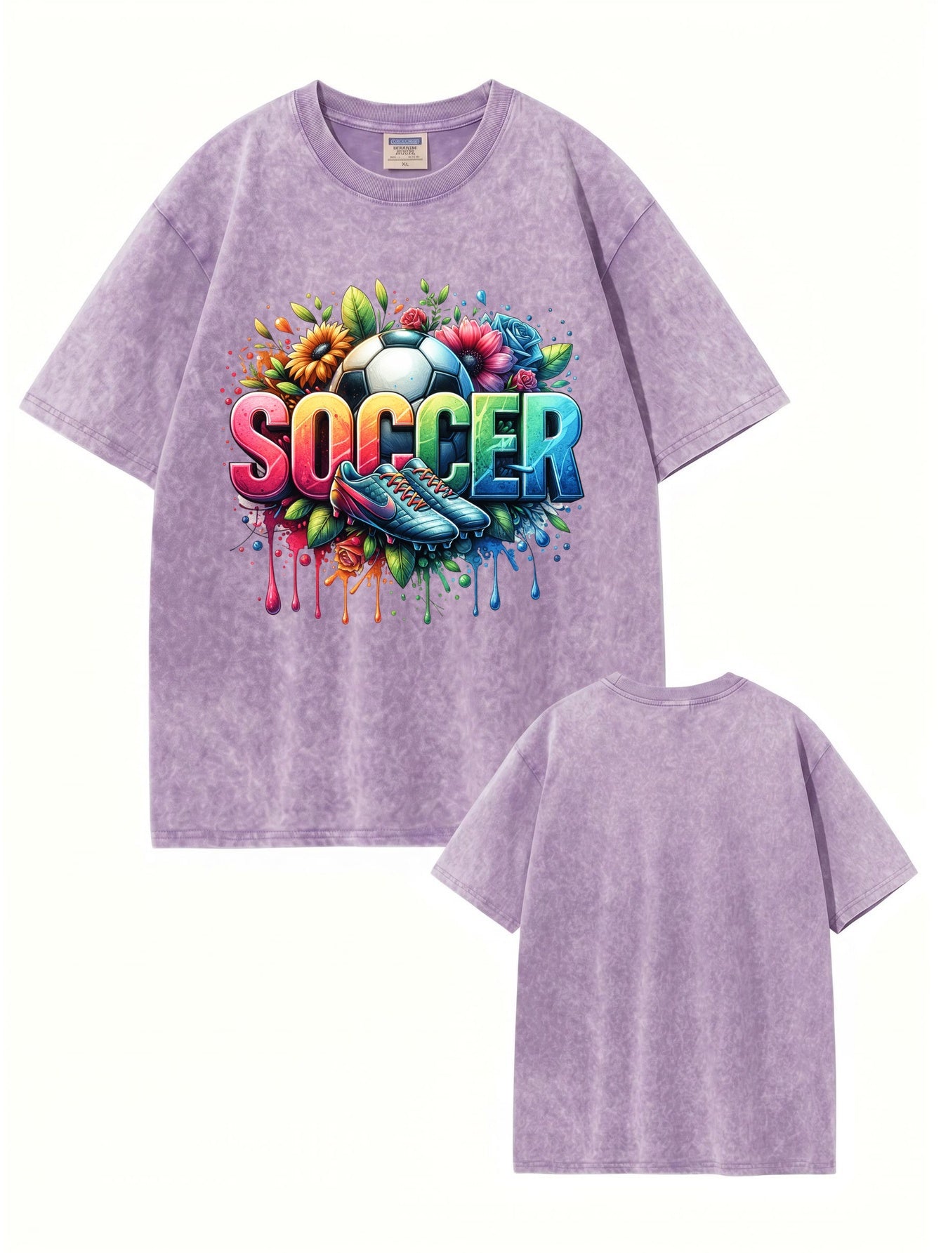 Vintage Washed Soccer Graphic T-Shirt - Vibrant Floral & Sports Art Print