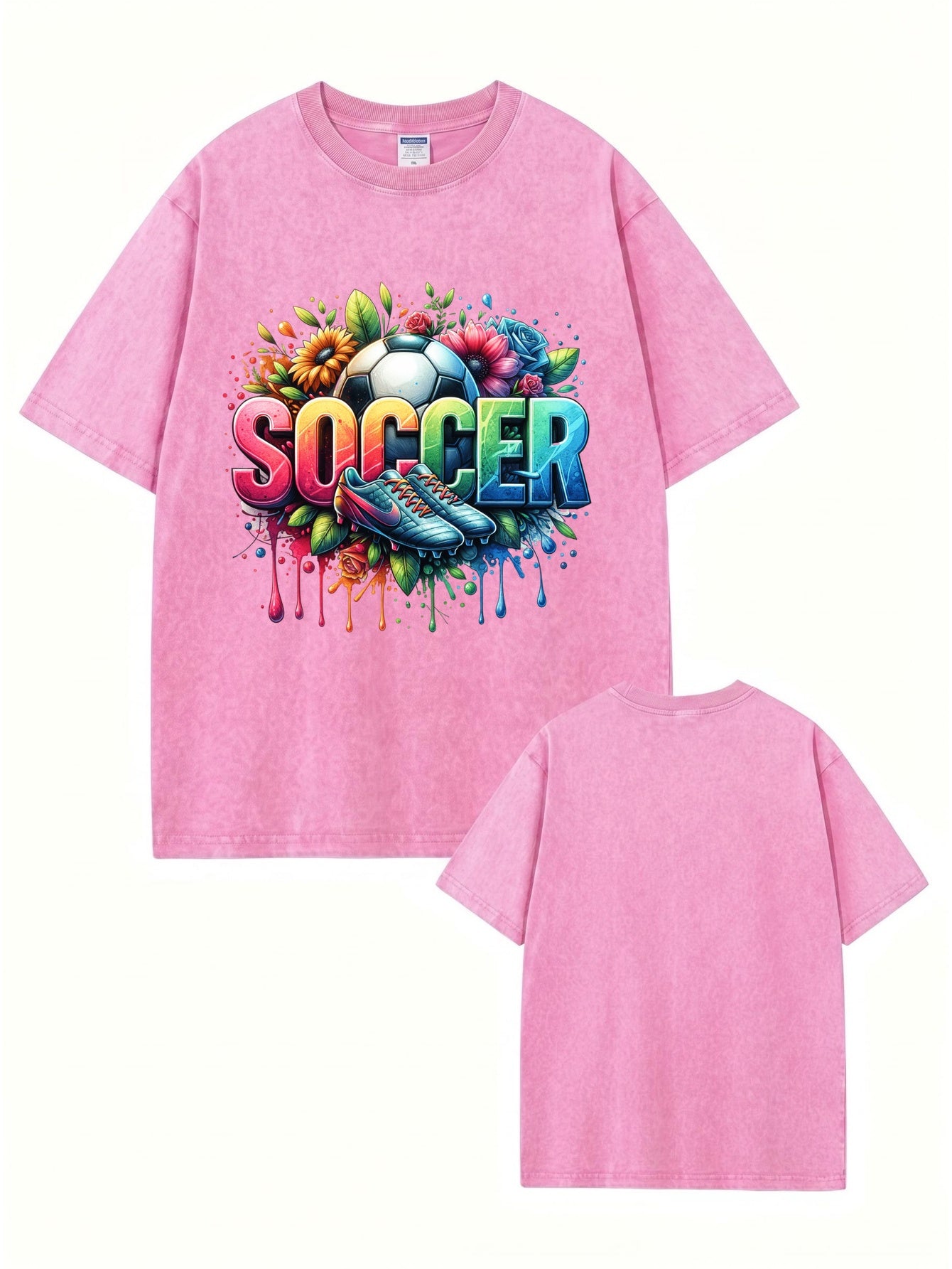 Vintage Washed Soccer Graphic T-Shirt - Vibrant Floral & Sports Art Print