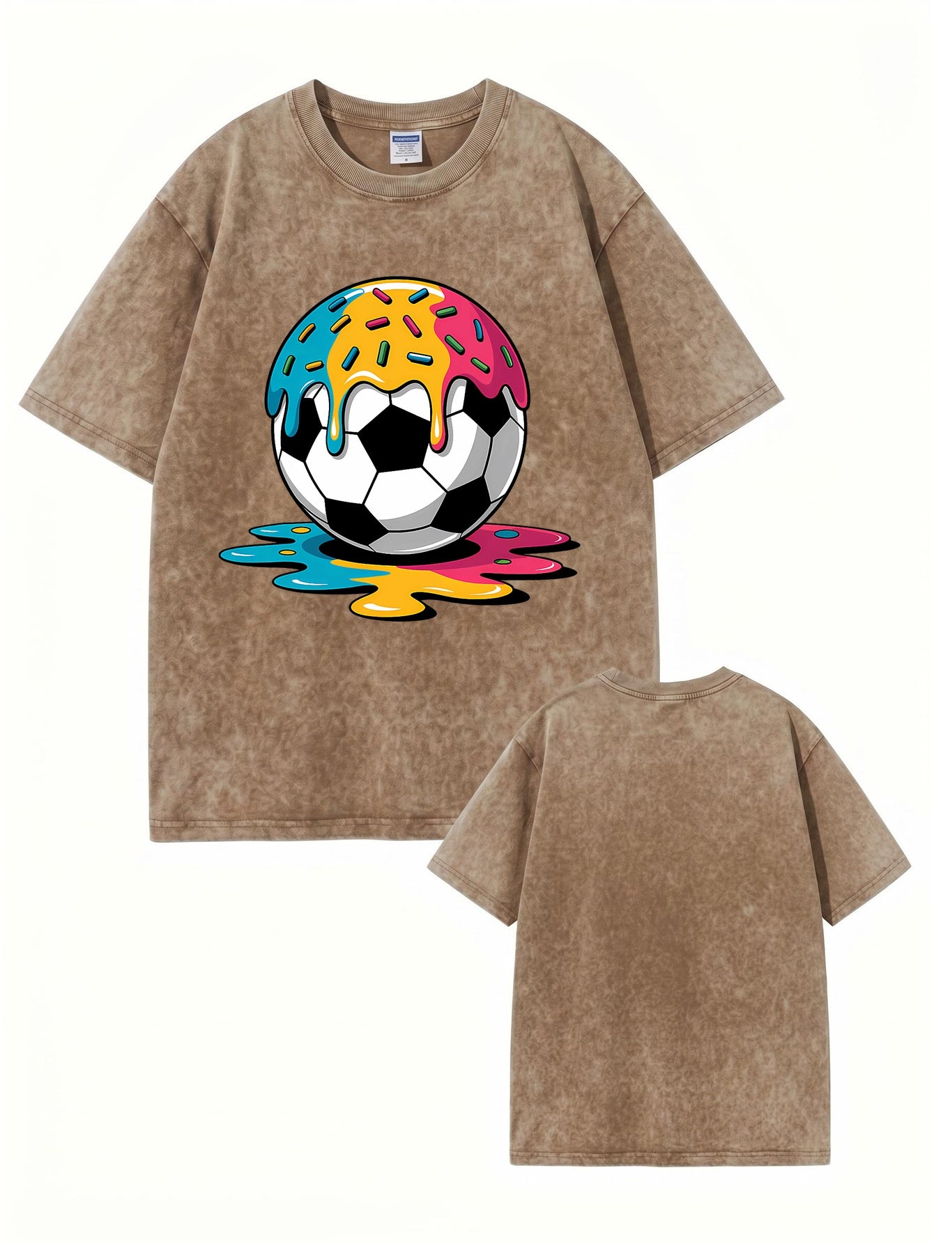 Vintage Washed Oversized T-Shirt with Melting Donut Soccer Ball Graphic